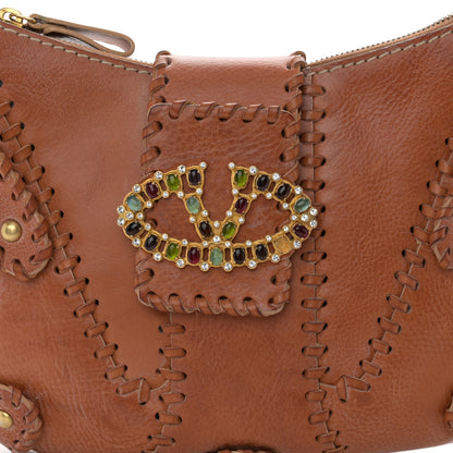 Valentino Garavani Calfskin Stitched Beaded Crystal Logo Catch Shoulder Bag Brown 6 of 16
