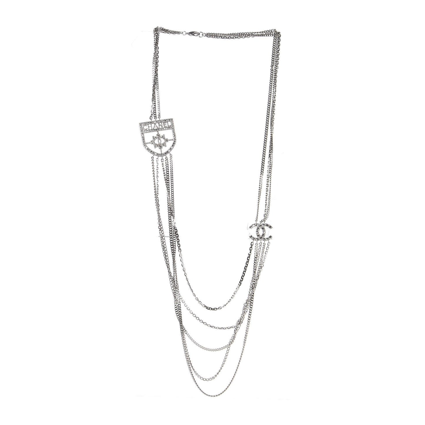 Baguette Crystal CC Shield Multi Strand Long Chain Necklace Silver