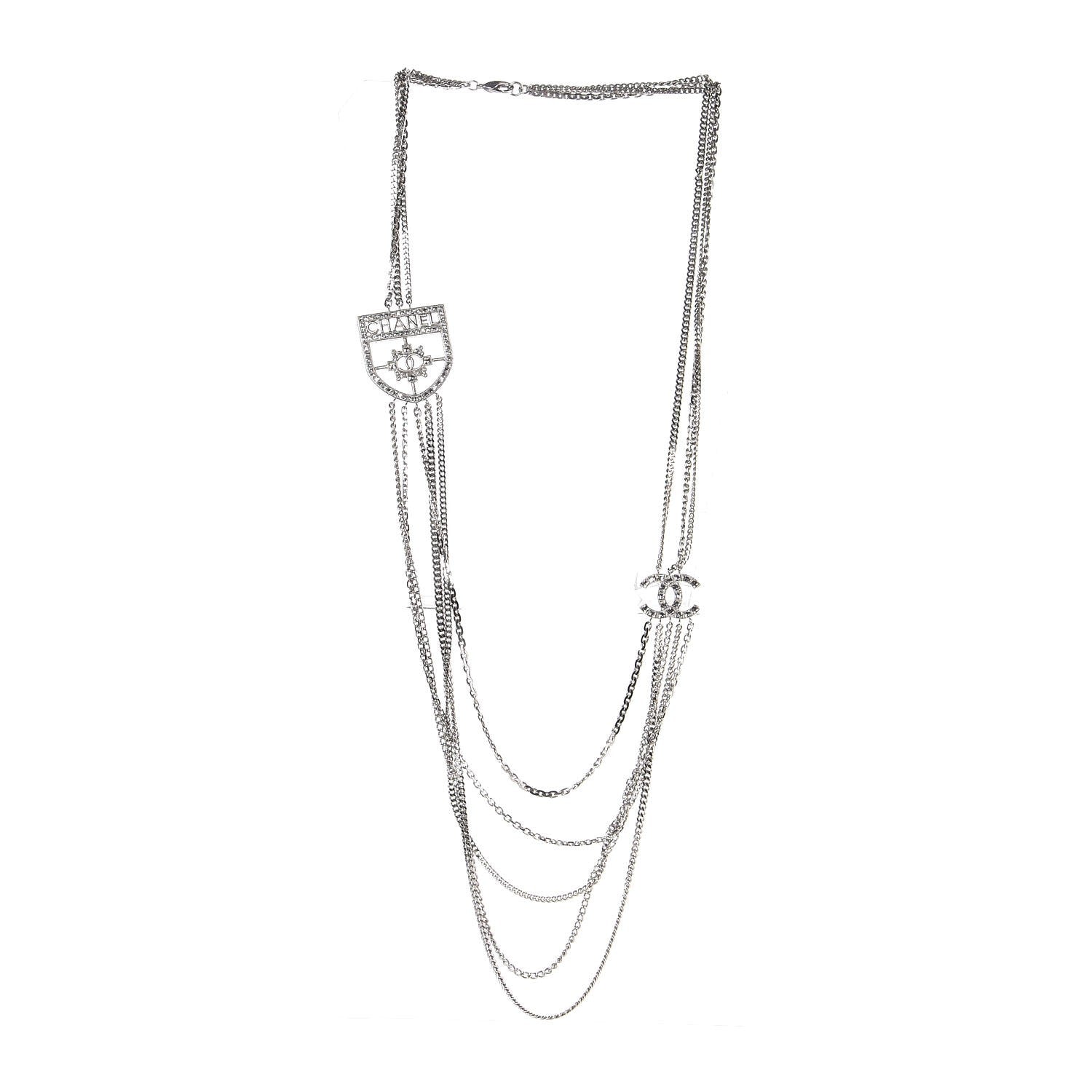 Chanel Baguette Crystal CC Shield Multi Strand Long Chain Necklace Silver 3 of 6
