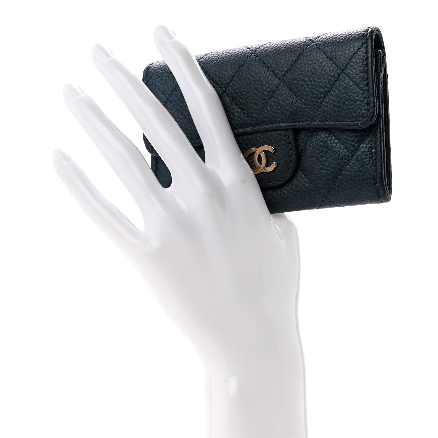 Metallic Caviar Quilted Flap Card Holder Dark Blue