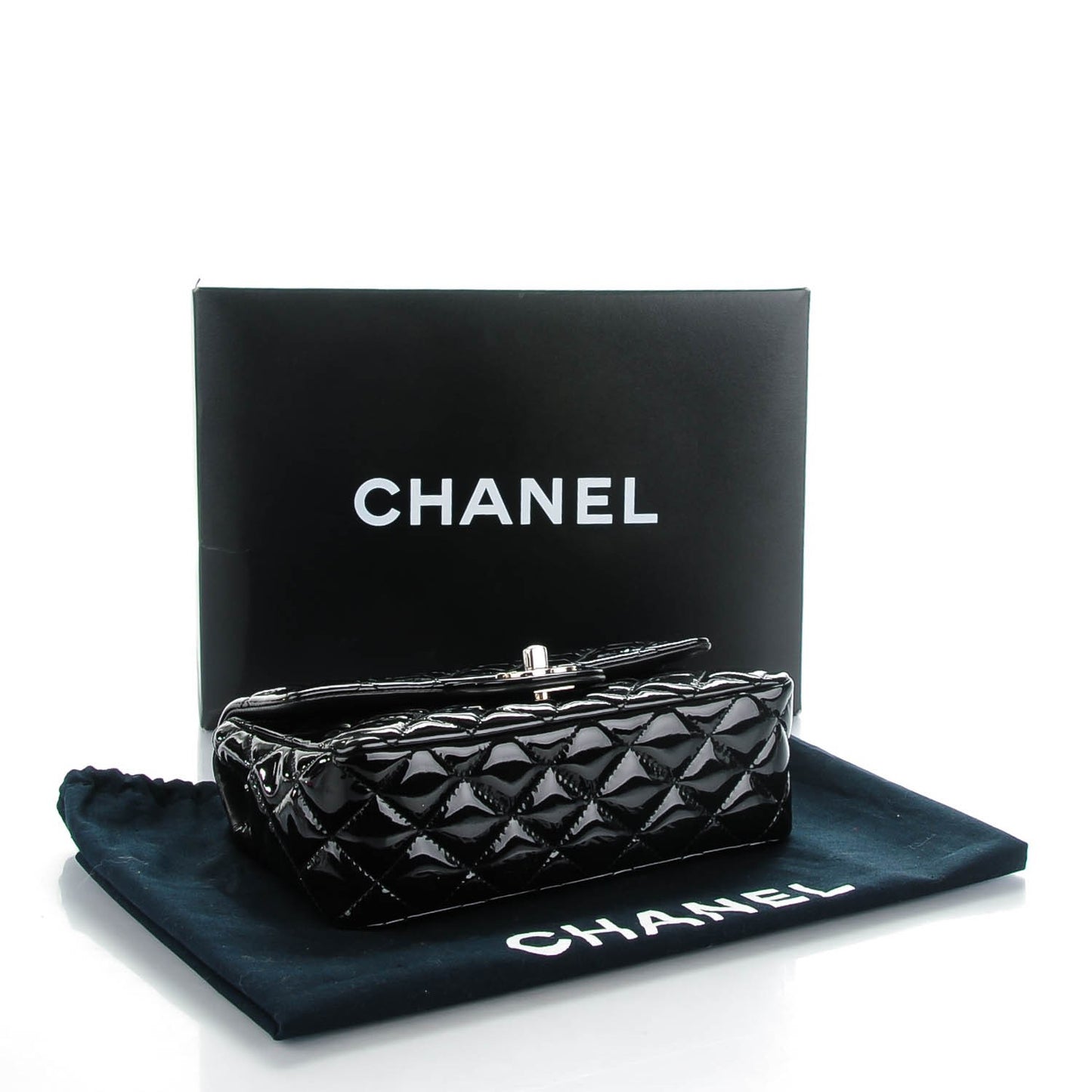 Patent Calfskin Quilted Mini Rectangular Flap Black