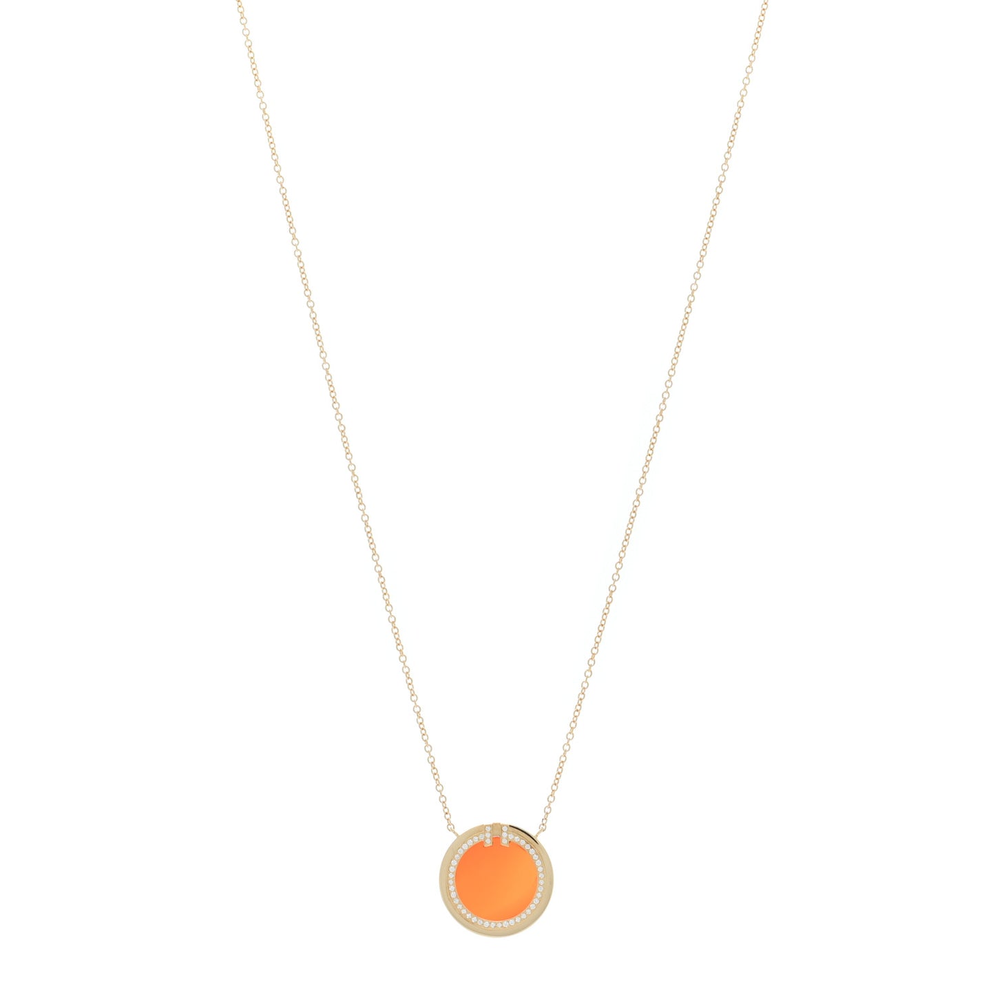 18K Yellow Gold Diamond Carnelian 16mm T Circle Pendant Necklace