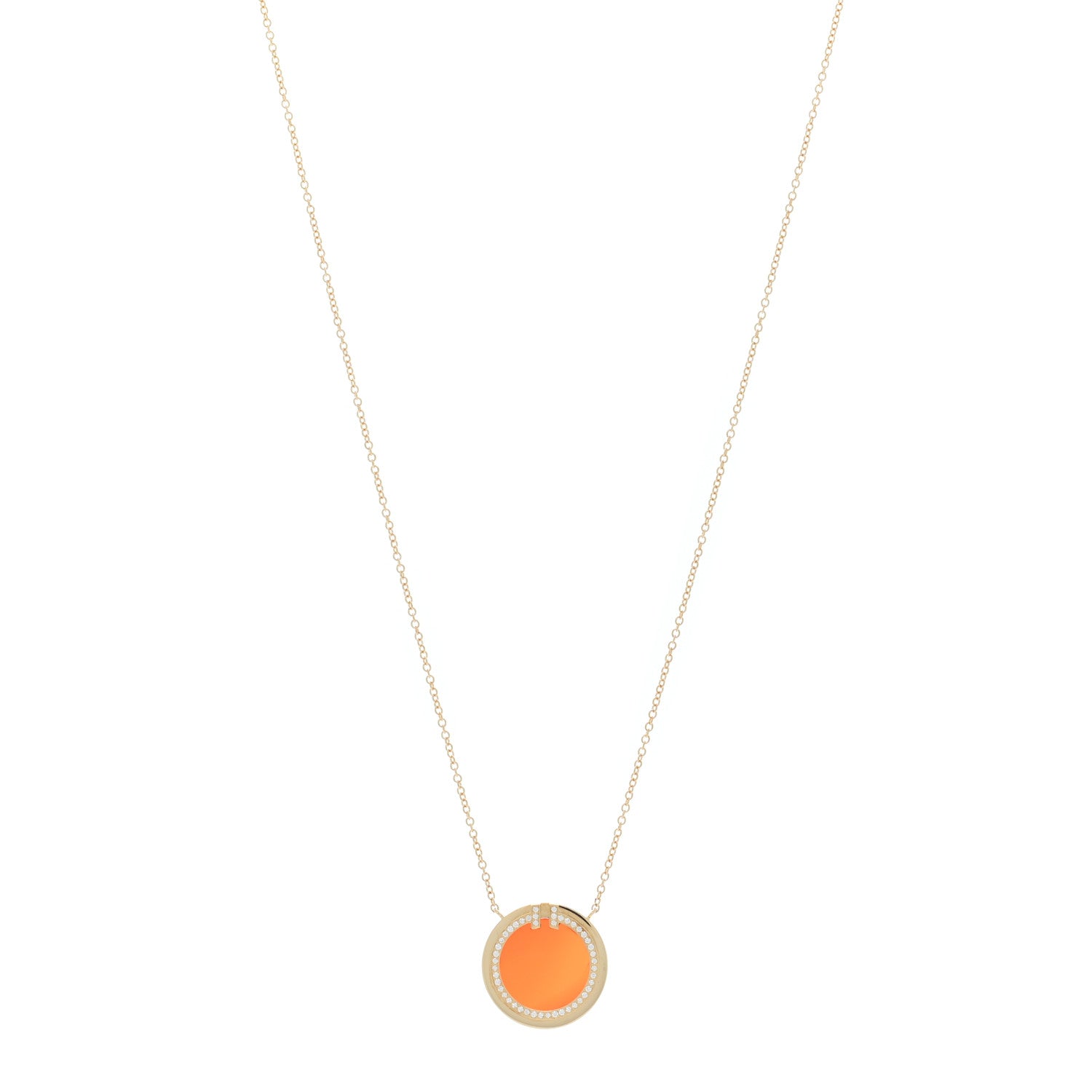 Tiffany 18K Yellow Gold Diamond Carnelian 16mm T Circle Pendant Necklace 1 of 5