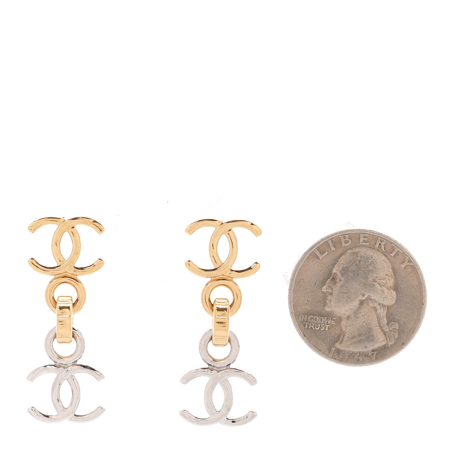 Chanel Metal CC Pendant Drop Earrings Gold Silver 2 of 5