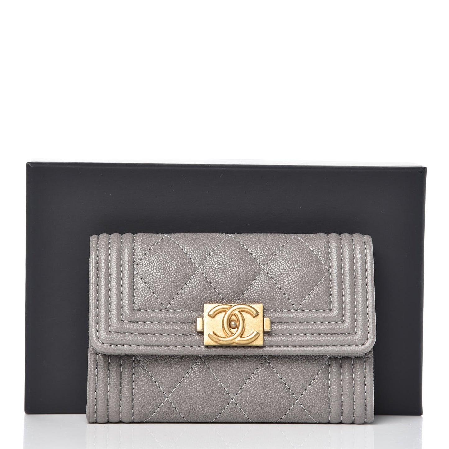 Caviar Quilted Boy Flap Card Holder Grey