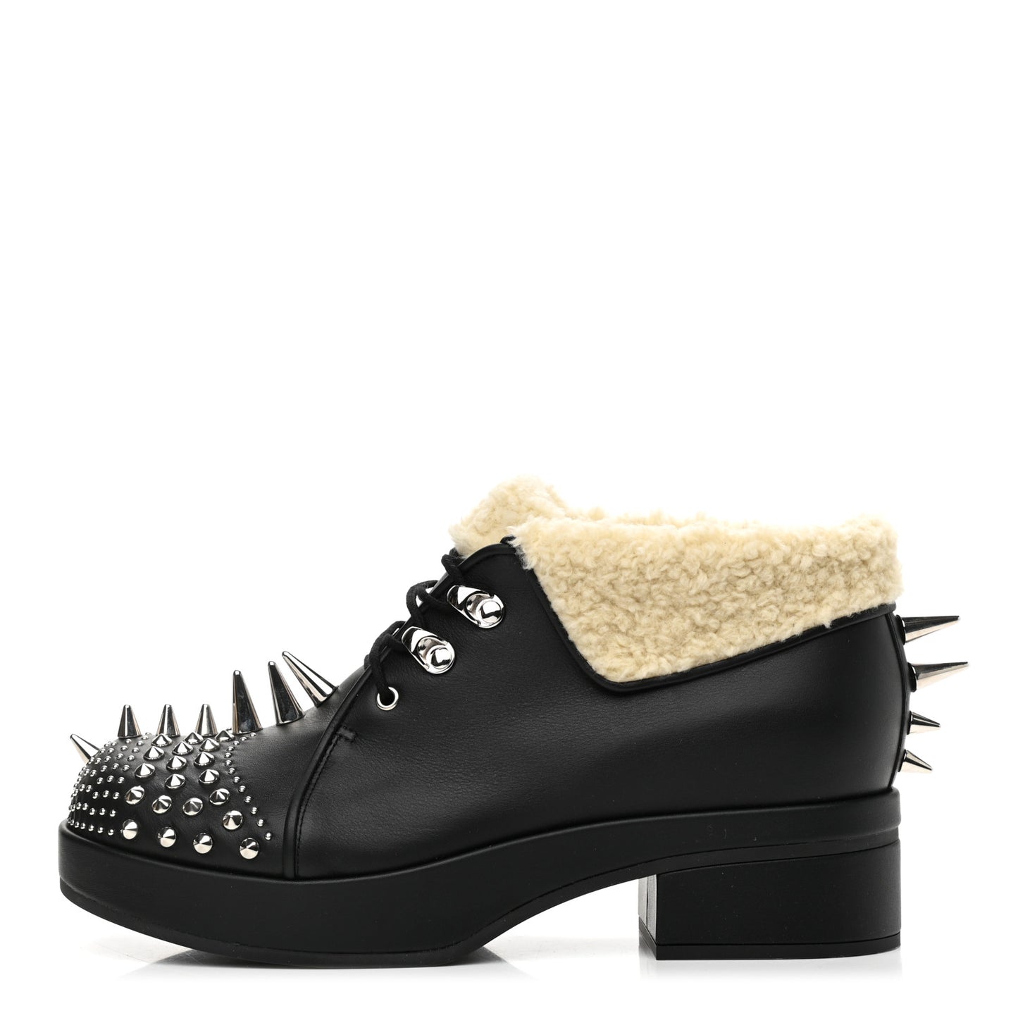 Calfskin Faux Shearling Studded Victor Ankle Boots 38.5 Black Mystic White