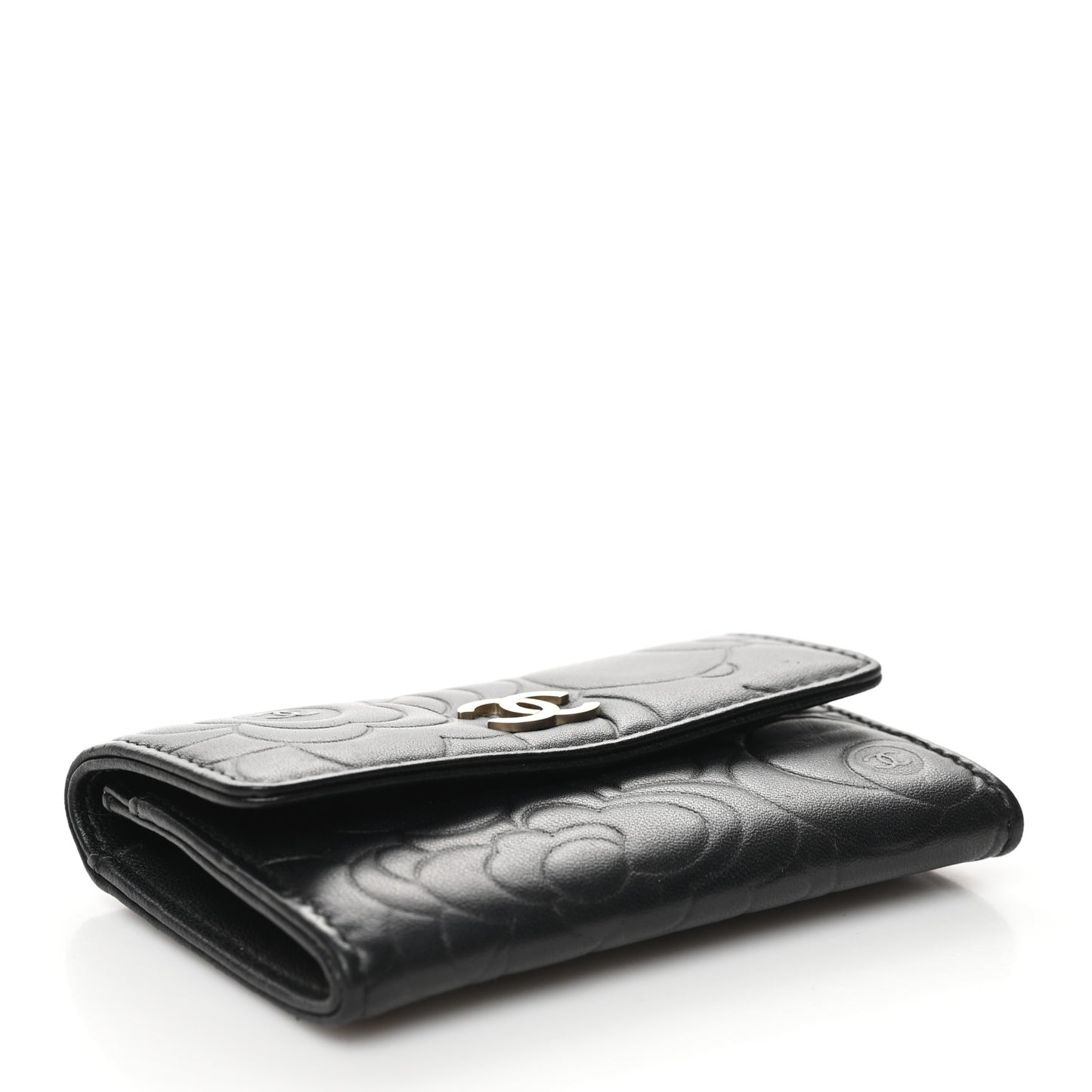 Lambskin Camellia Embossed Flap Card Holder Black