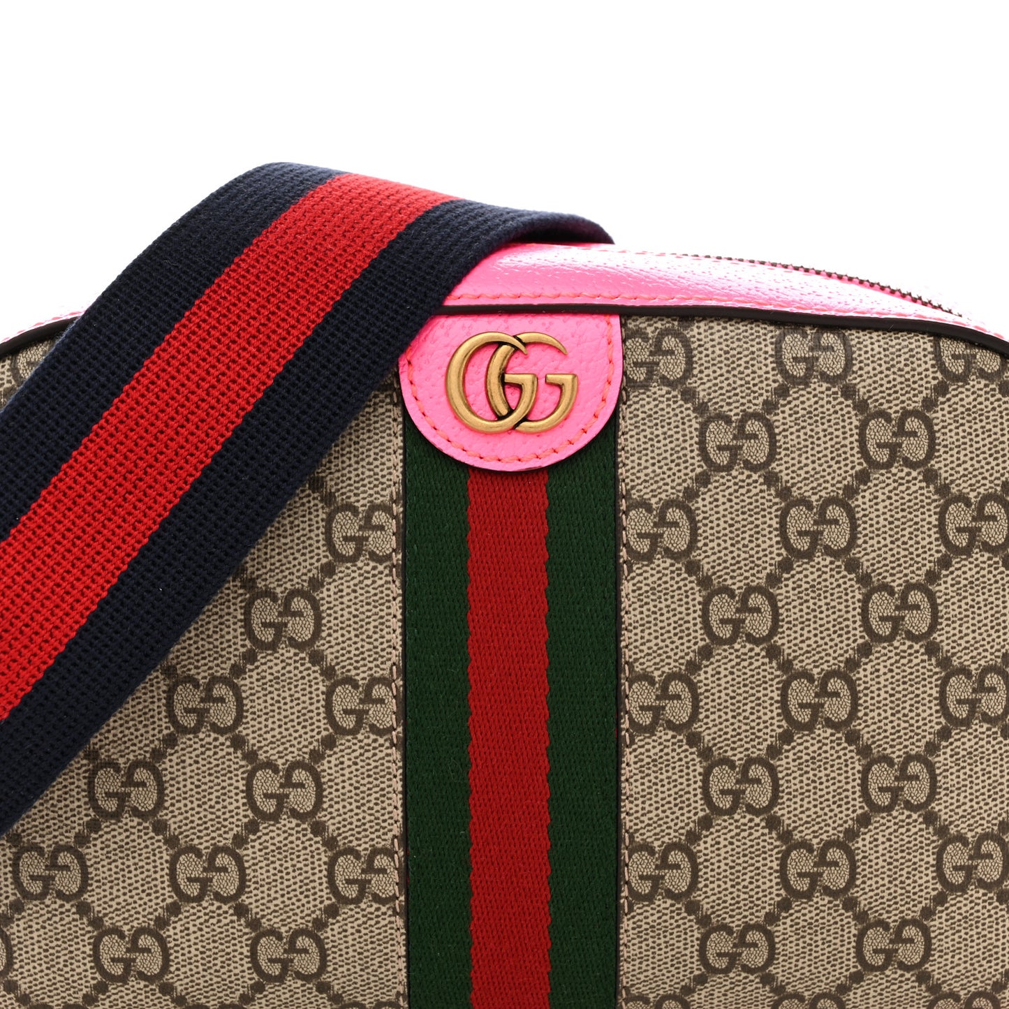 GG Supreme Monogram Textured Dollar Calfskin Web Ophidia Small Crossbody Bag Beige Ebony Fuchsia