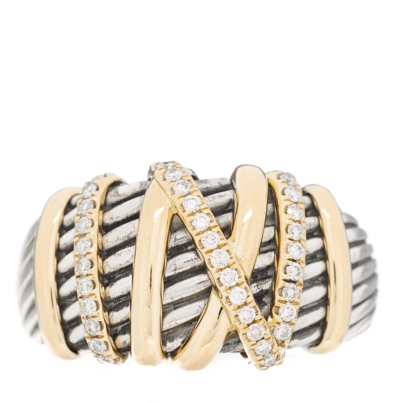 David Yurman Sterling Silver 18K Yellow Gold Diamond 15mm Helena Ring 65 11 1 of 7