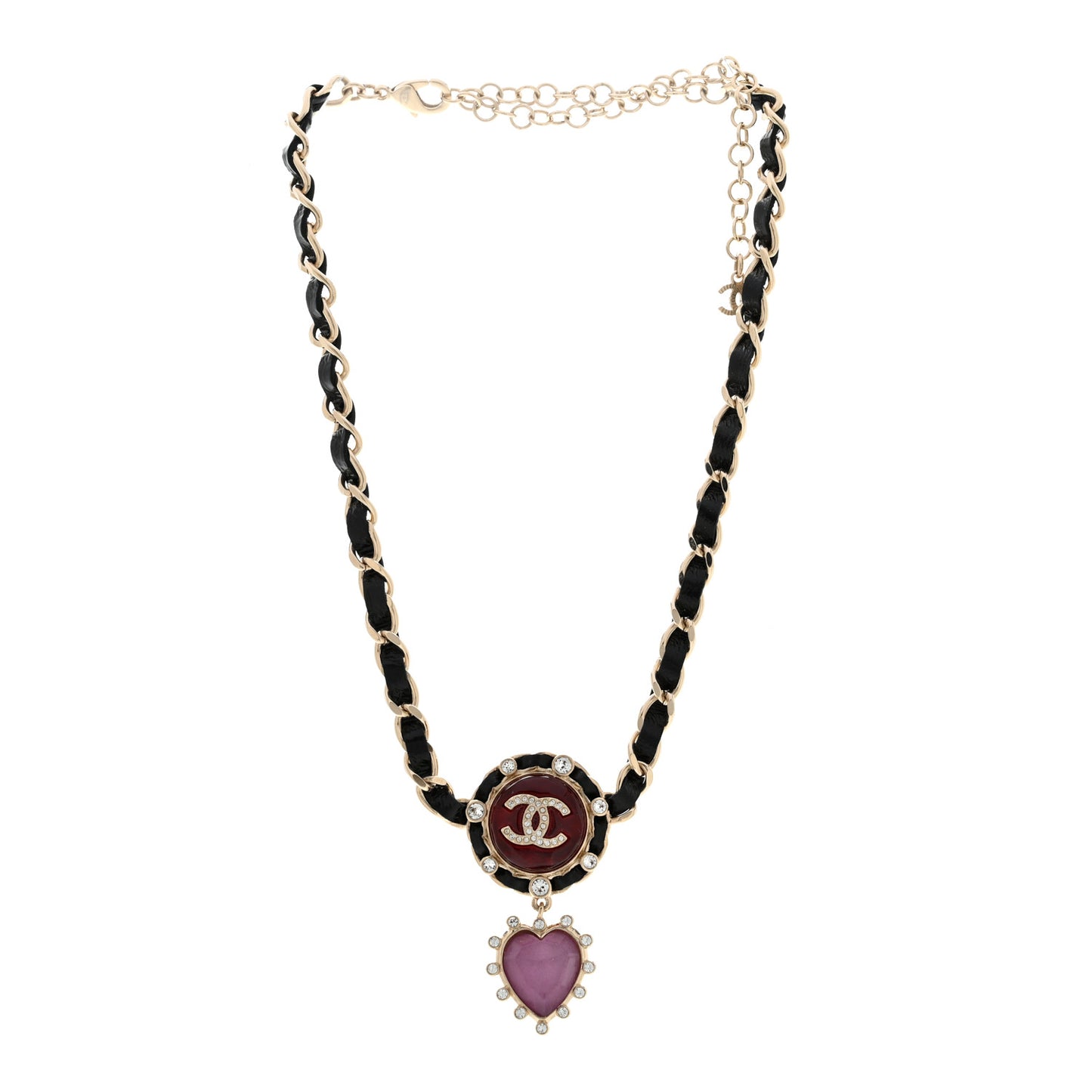 Lambskin Crystal Heart Choker Necklace Black Gold Pink
