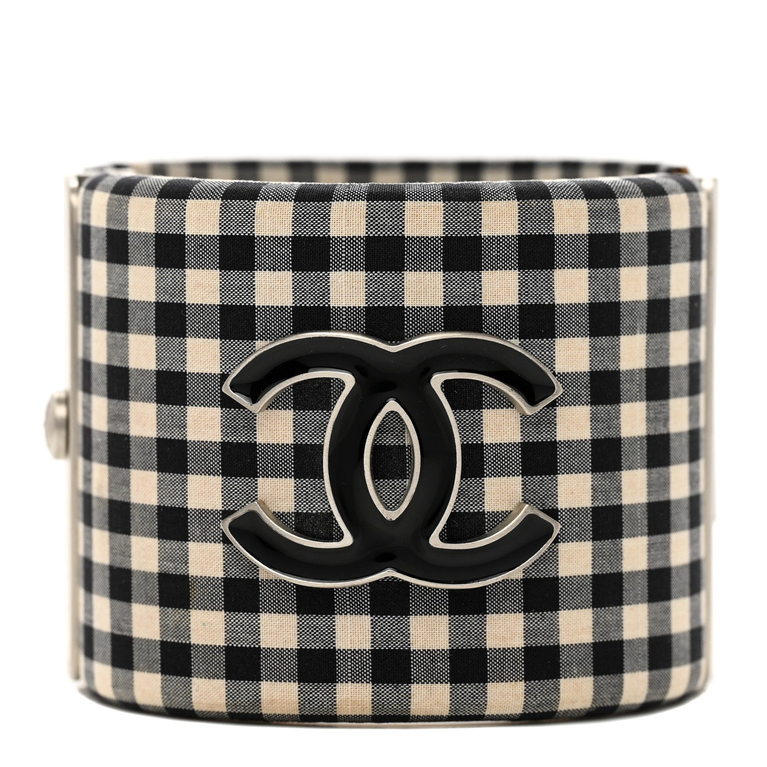 Chanel Fabric Metal Enamel Gingham CC Cuff Black White 1 of 4