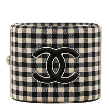 Chanel Fabric Metal Enamel Gingham CC Cuff Black White 1 of 4