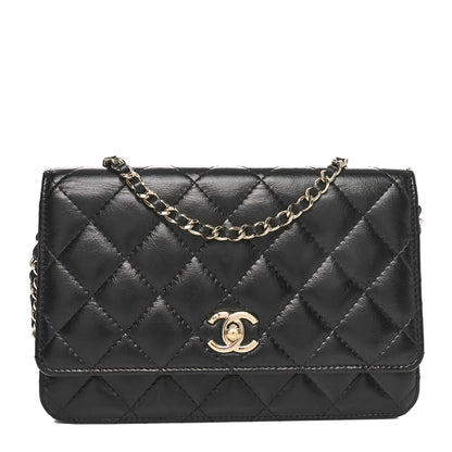 Chanel Shiny Aged Calfskin Enamel Logo Quilted Wallet On Chain WOC Black 1 of 10