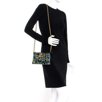 Gucci Calfskin Matelasse Printed Mini GucciGhost GG Marmont Chain Bag Black New Acquamarine 2 of 10