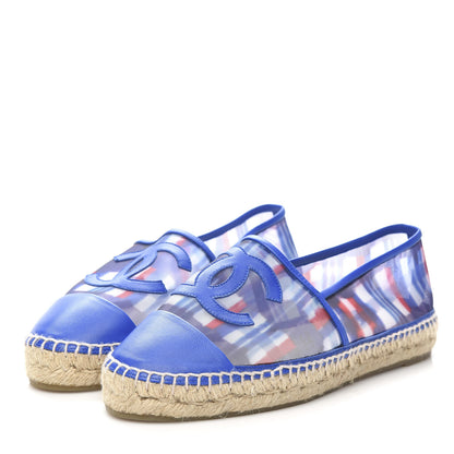 Chanel Mesh Lambskin Plaid Print CC Espadrilles 40 Blue White Red 3 of 10