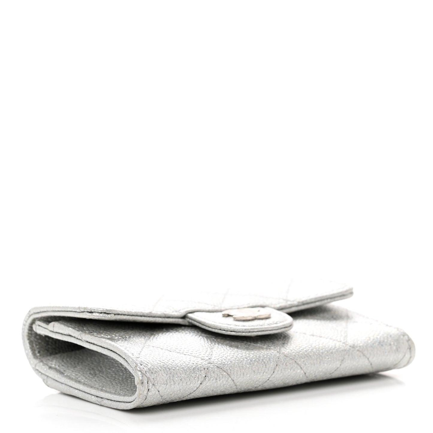 Glittered Metallic Caviar Quilted Flap Card Holder Wallet Silver