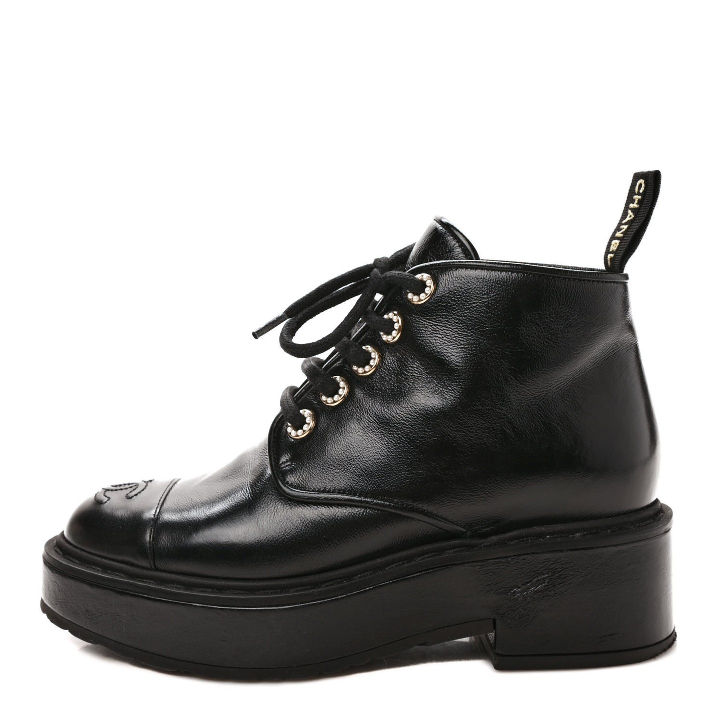 Shiny Calfskin Pearl Lace Up Combat Short Boots 36 Black
