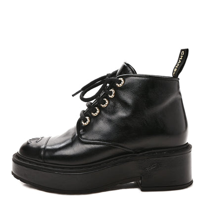Chanel Shiny Calfskin Pearl Lace Up Combat Short Boots 36 Black 1 of 8