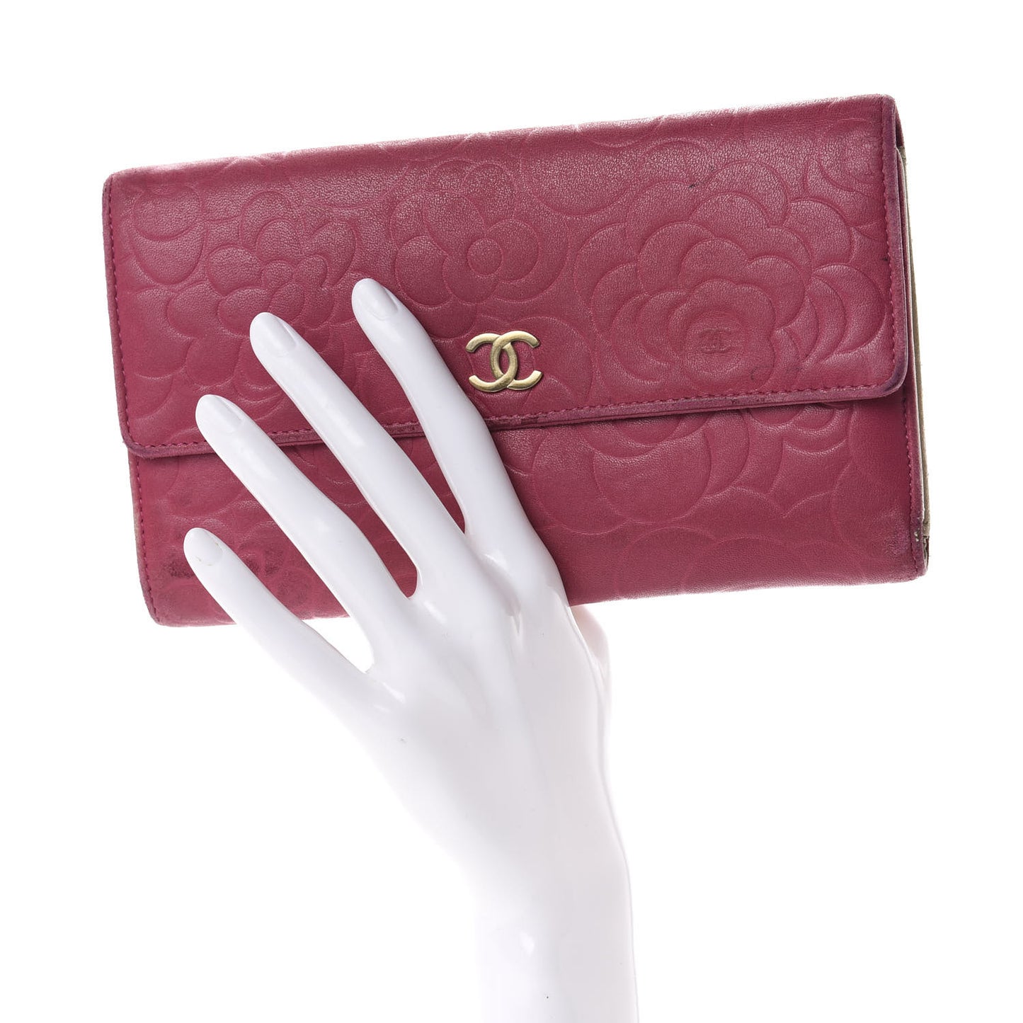 Lambskin Embossed Camellia Large Gusset Flap Wallet Pink