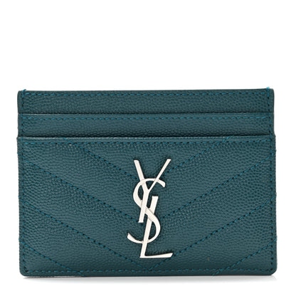 Saint Laurent Grain De Poudre Matelasse Chevron Monogram Credit Card Case Peacock Green 1 of 8