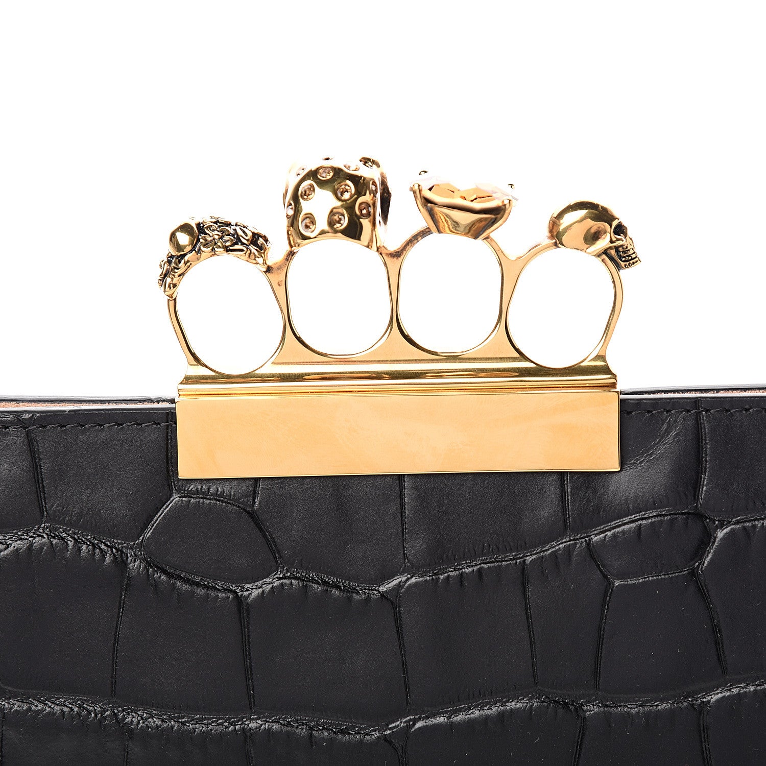 Alexander McQueen Calfskin Crocodile Embossed Knuckle Flat Clutch Black Gold 6 of 7