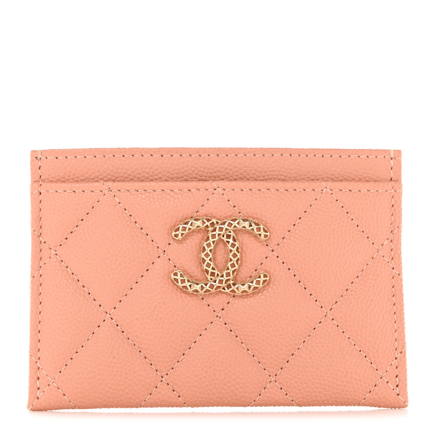 Chanel Caviar Metal Perforated Quilted CC Card Holder Beige 1 of 9