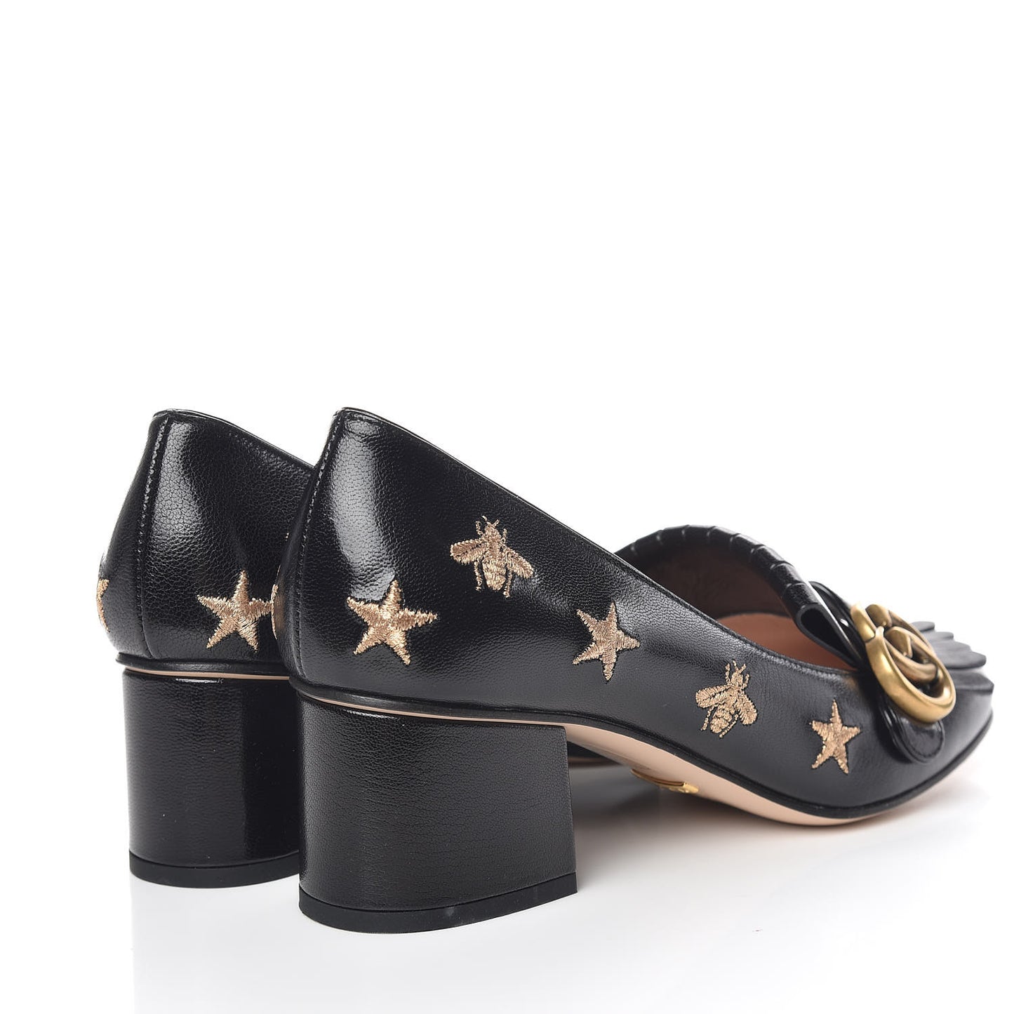 Quentin Goatskin Bee Star Embroidered GG Marmont Fringe 50mm Loafer Pumps 38 Black