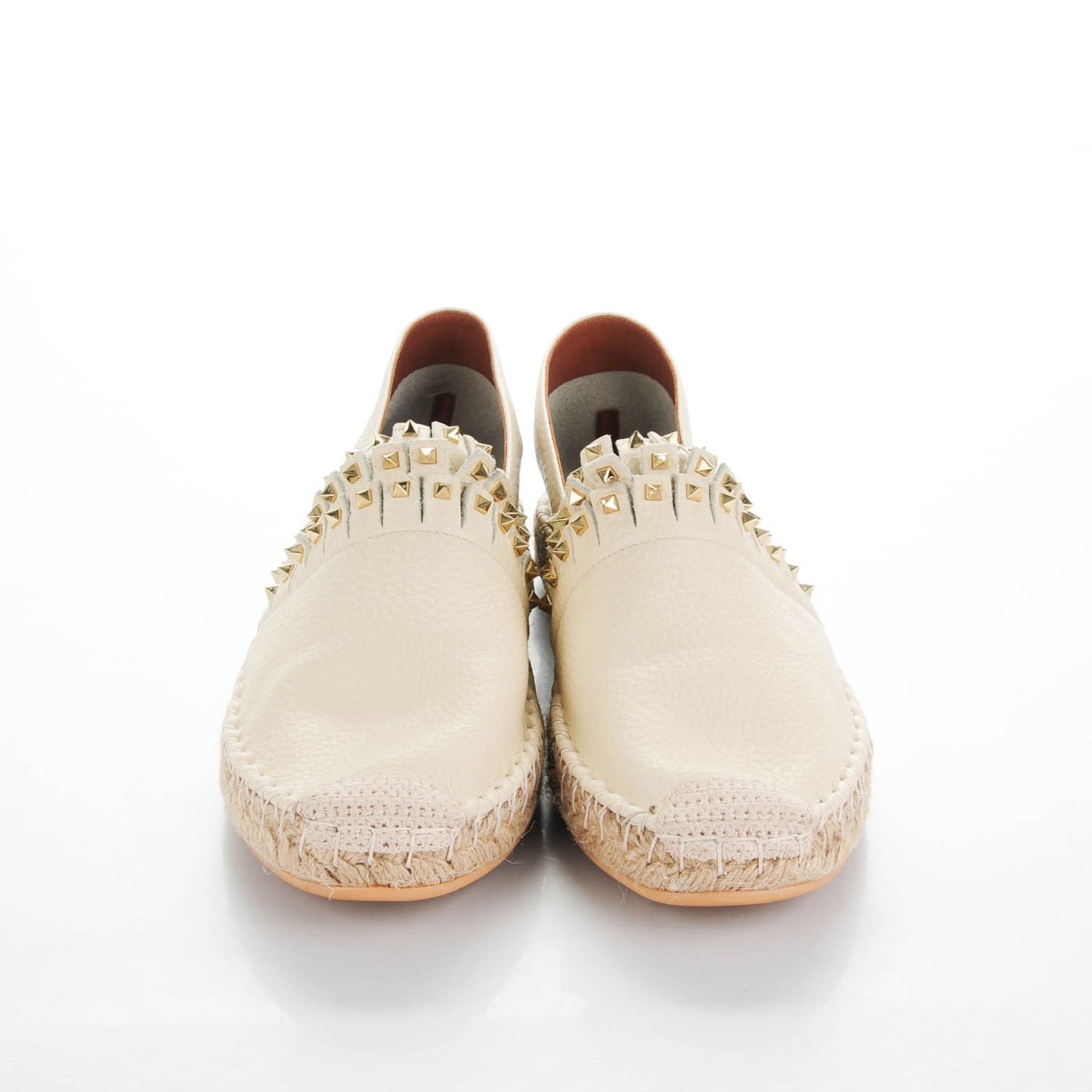 Pebbled Calfskin Rockstud Fringed Espadrilles 41 Ivory