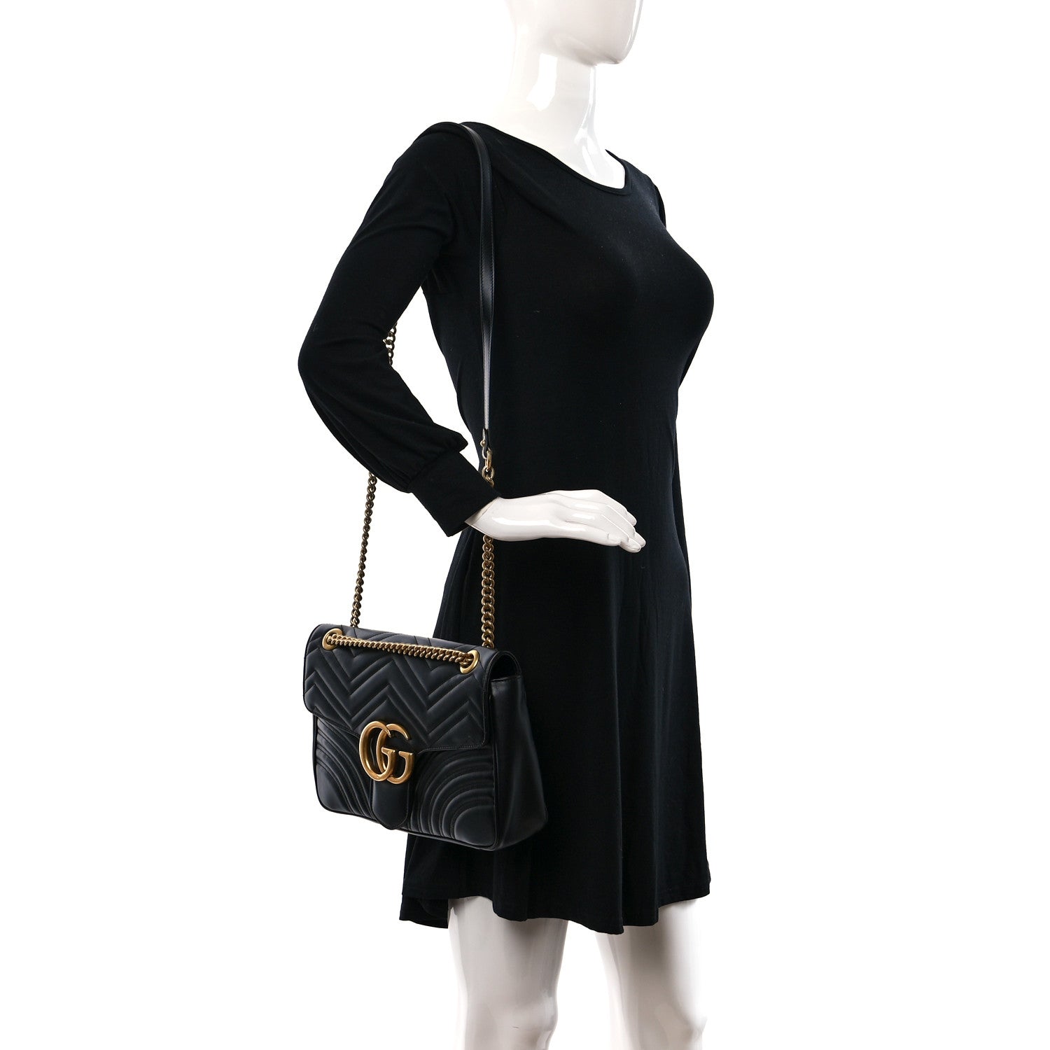 Gucci Calfskin Matelasse Medium GG Marmont Shoulder Bag Black 2 of 11