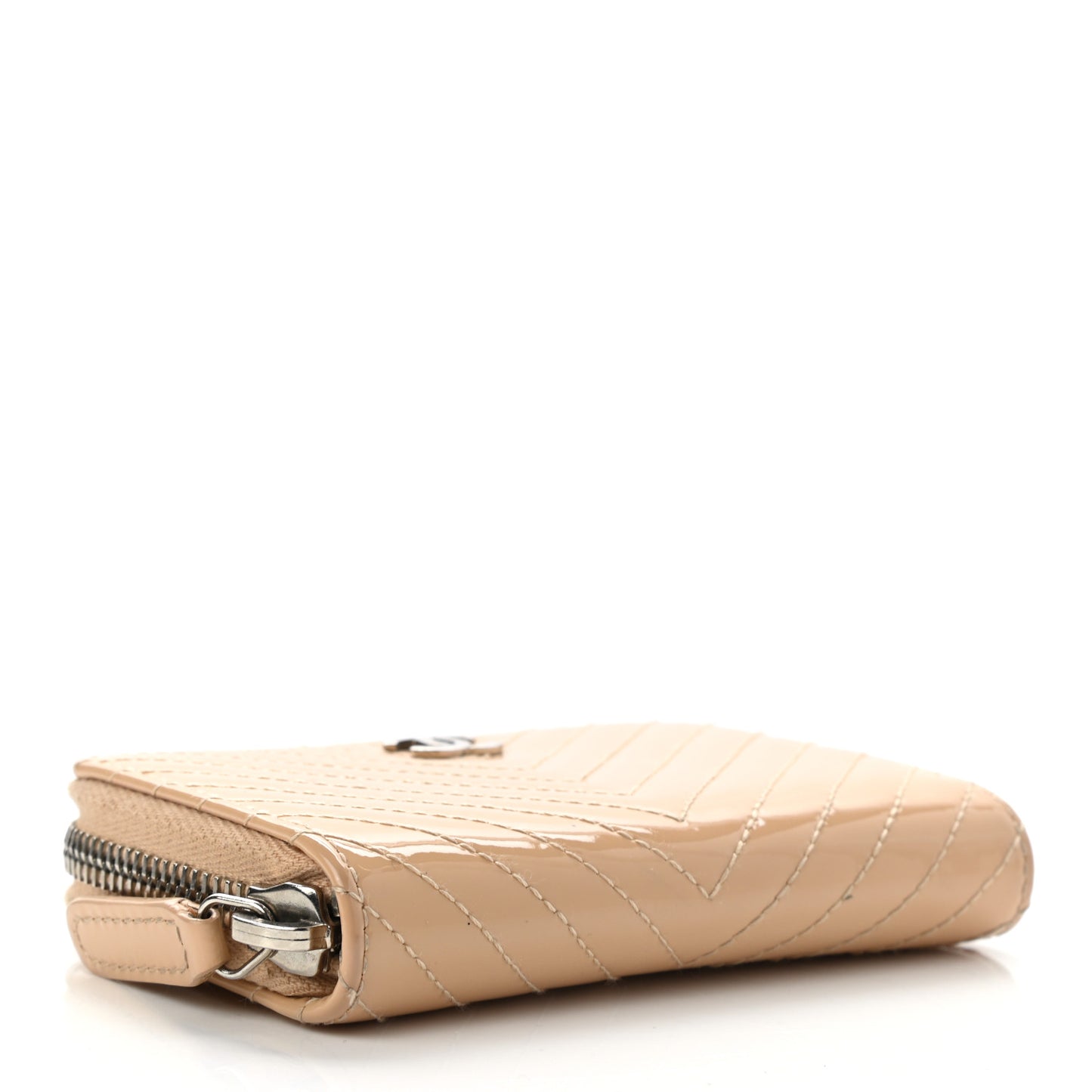 Patent Chevron Quilted Zip Around Coin Purse Beige