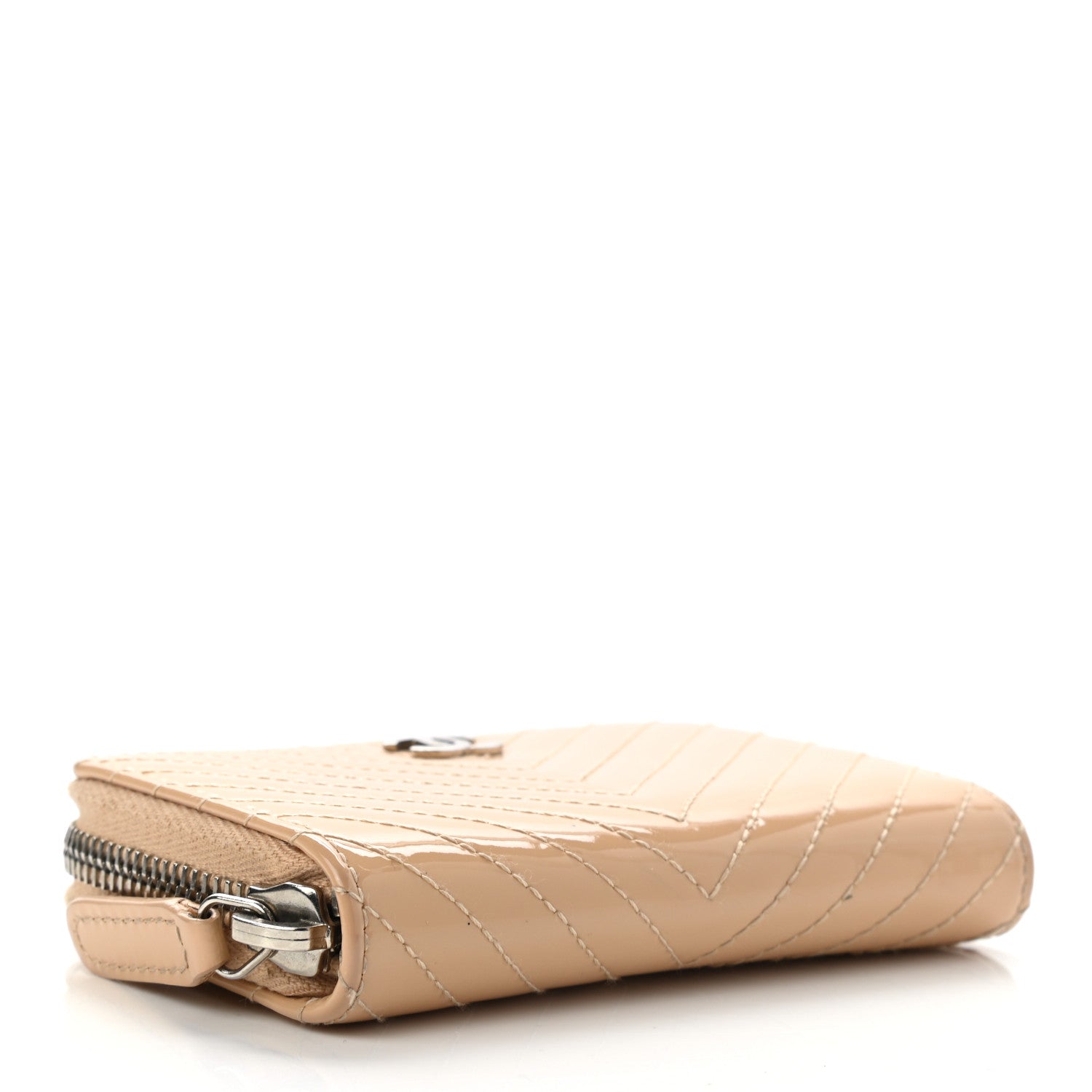 Chanel Patent Chevron Quilted Zip Around Coin Purse Beige 4 of 9