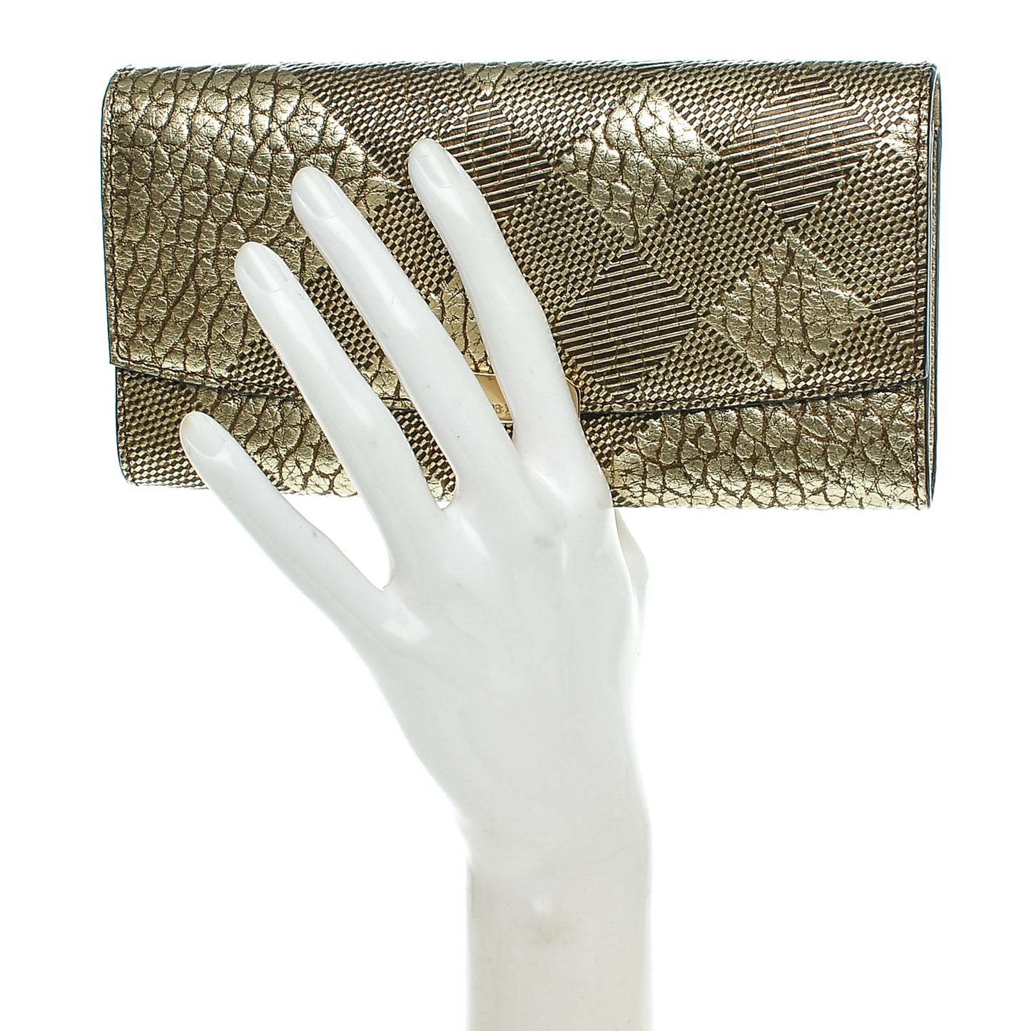 Metallic Signature Grain Calfskin Check Embossed Porter Continental Wallet Camel Gold