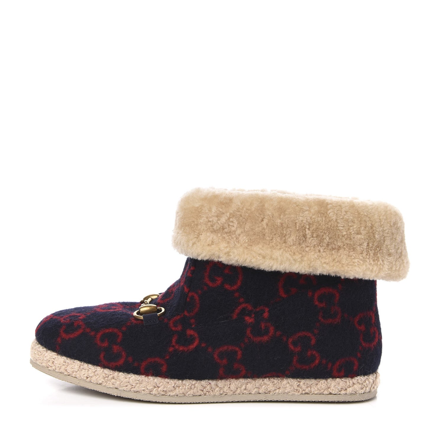Covered Wool GG Monogram Womens Fria Horsebit Ankle Boots 37 Blue Red Butterscotch