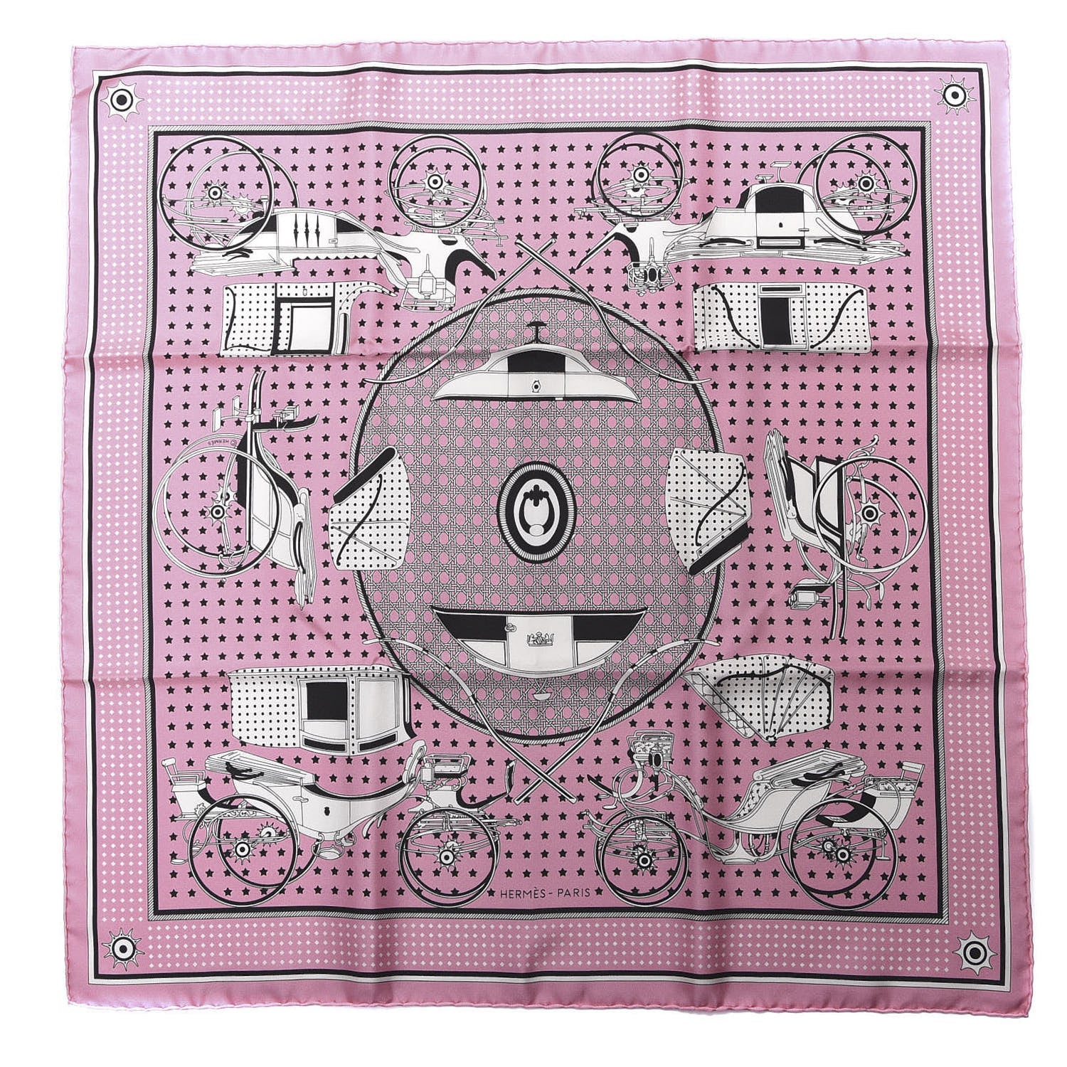 Hermes Silk Les Voitures A Transformation Bandana Scarf 55 Rose Vif White Black 1 of 3