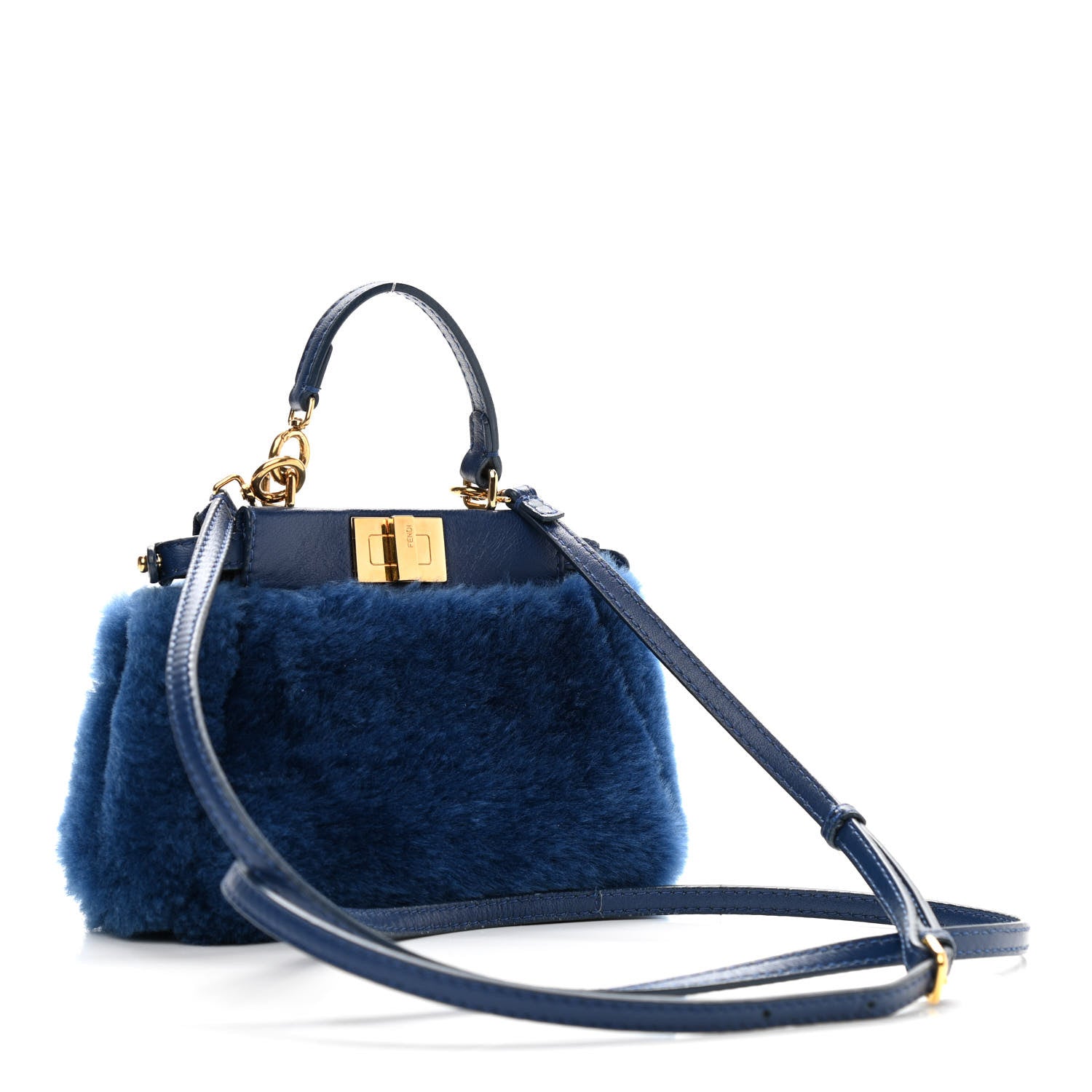 Fendi Shearling Shiny Nappa Micro Peekaboo Iconic Satchel Blue 3 of 11