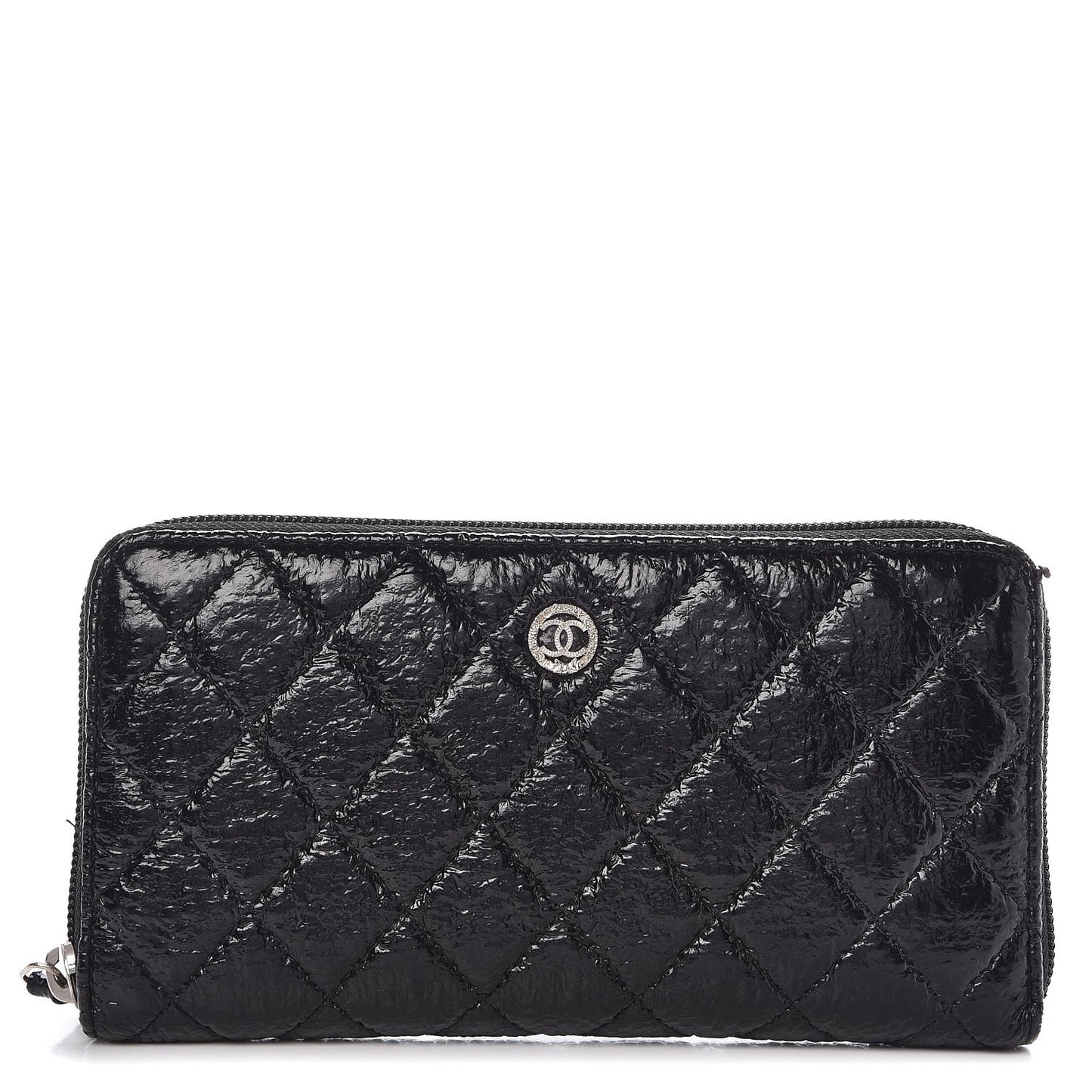 Crackled Patent Calfskin Large Gusset Zip Around Wallet Black