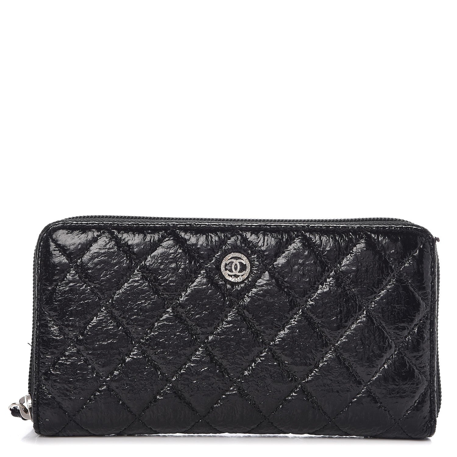 Chanel Crackled Patent Calfskin Large Gusset Zip Around Wallet Black 1 of 11