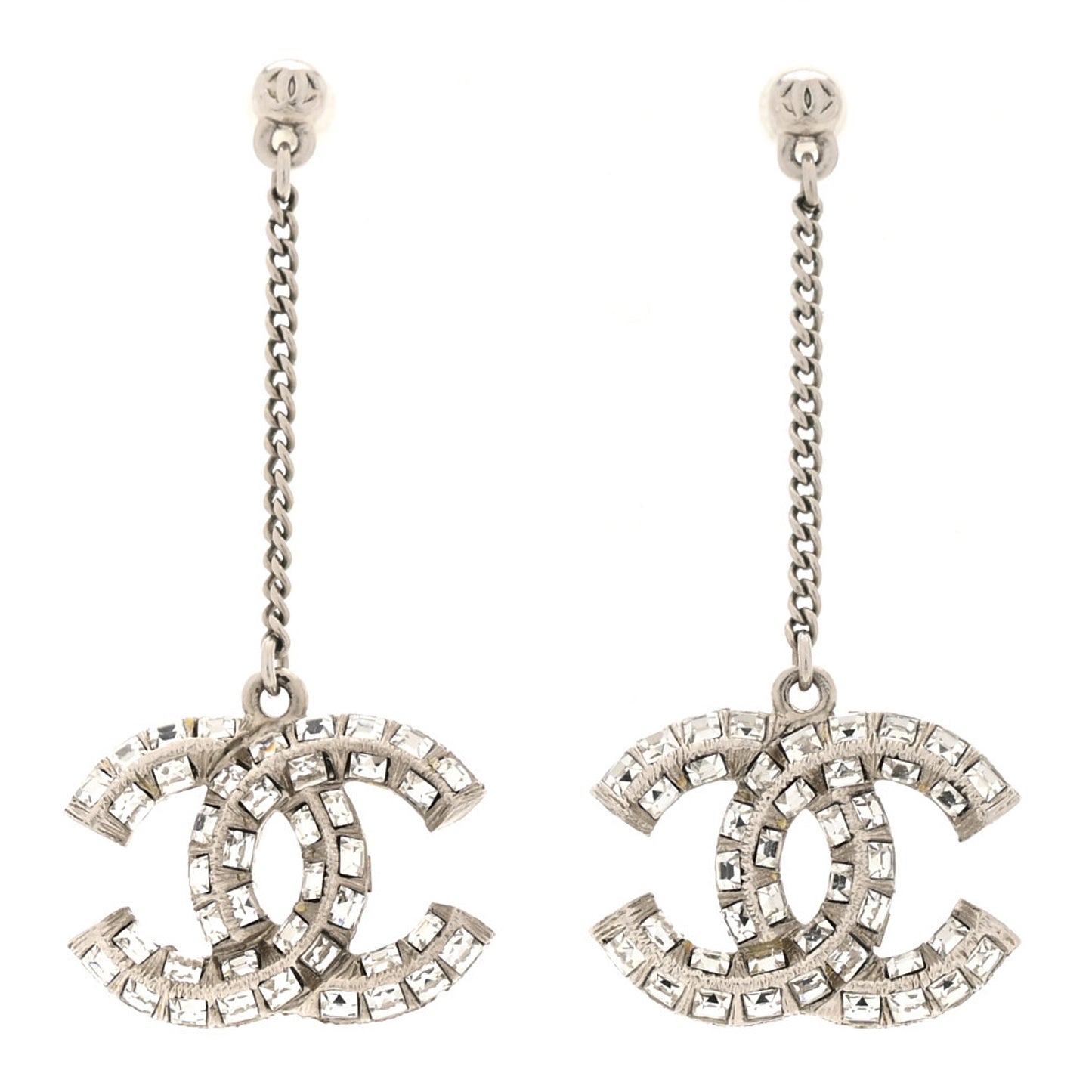 Baguette Crystal CC Drop Earrings Silver
