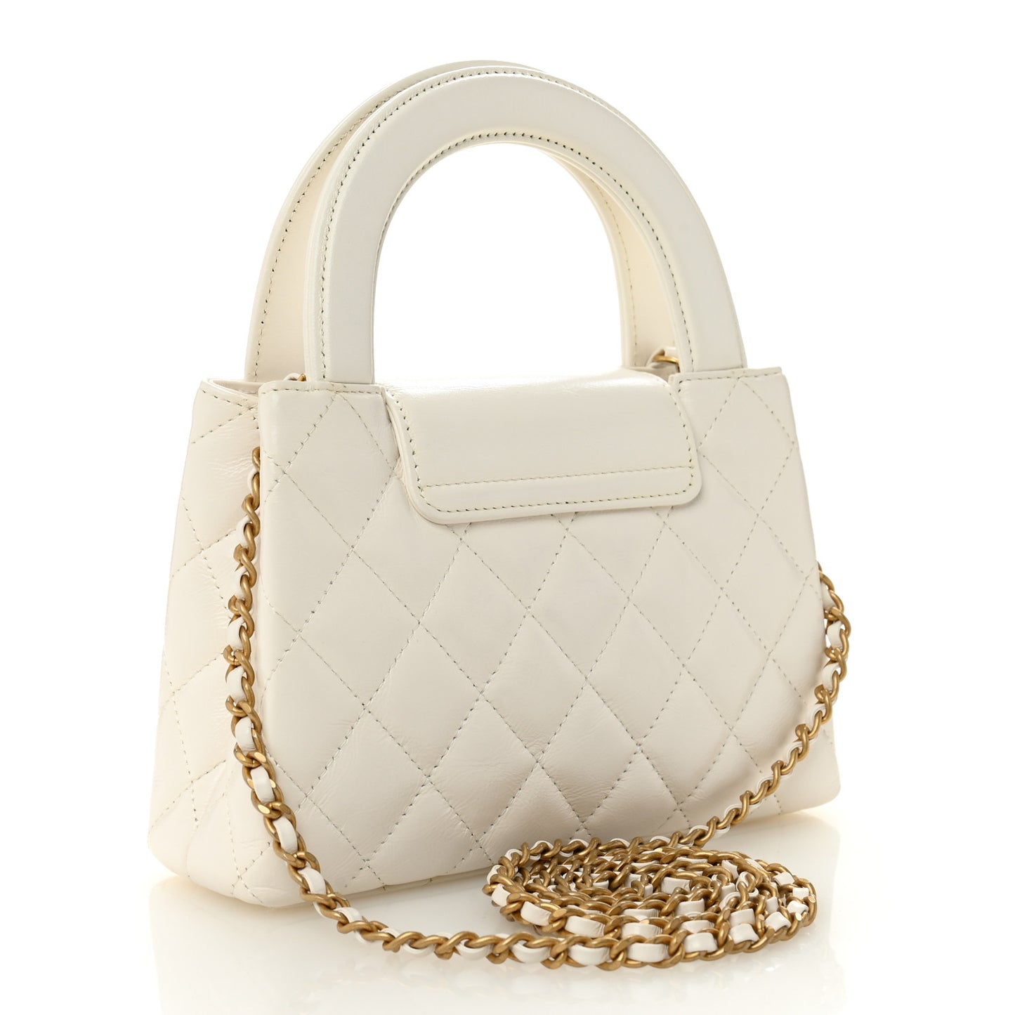 Shiny Aged Calfskin Quilted Nano Kelly Shopper White