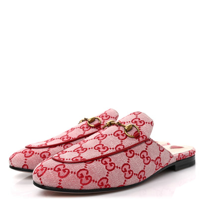 Gucci Canvas GG Monogram Horsebit Womens Princetown Slippers 37.5 Gardenia Hibiscus Red 3 of 8