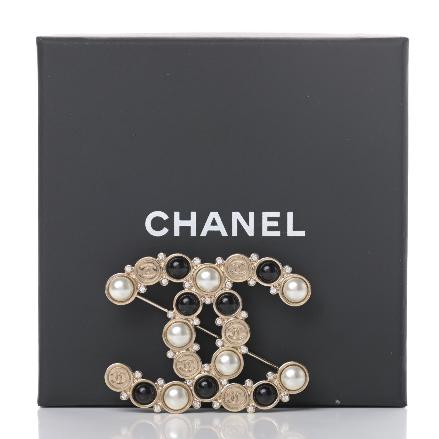 Chanel Crystal Pearl Metal Resin Polka Dot CC Brooch Black Gold 5 of 5