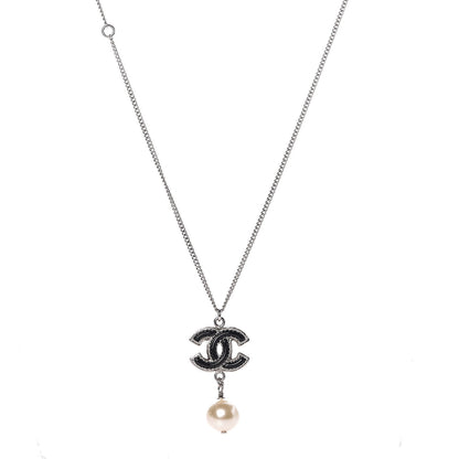 Chanel Enamel CC Pearl Drop Necklace Black Silver 1 of 5