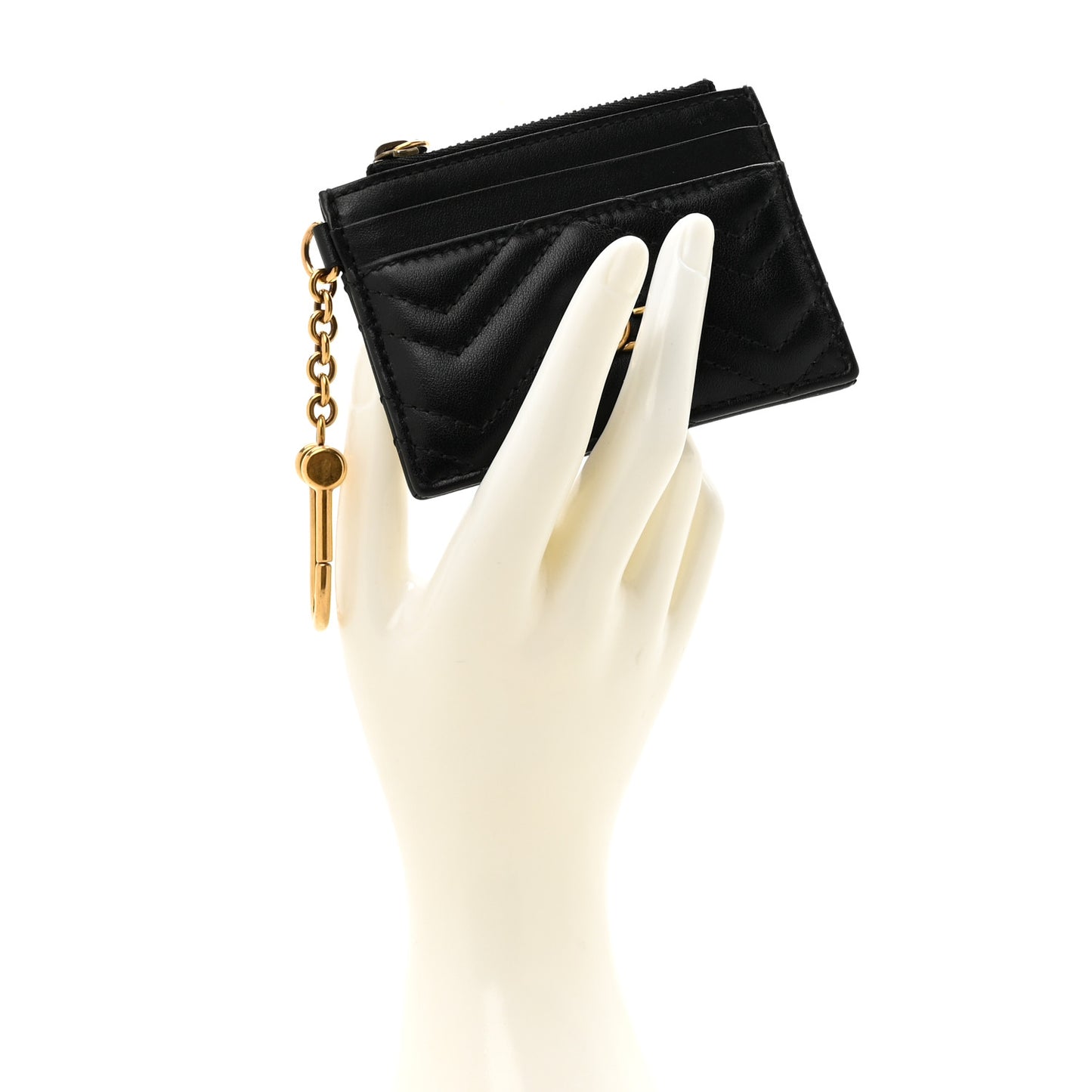 Calfskin Matelasse Chevron GG Marmont Key Case Card Holder Black