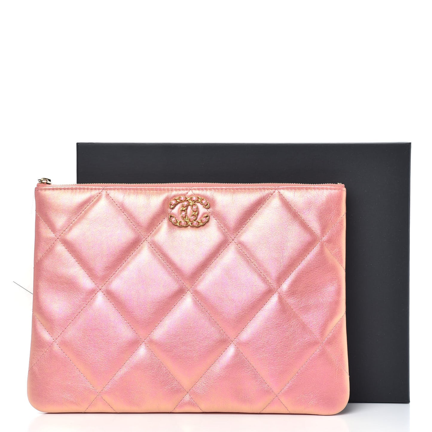 Iridescent Calfskin Quilted Large Chanel 19 Pouch Pink