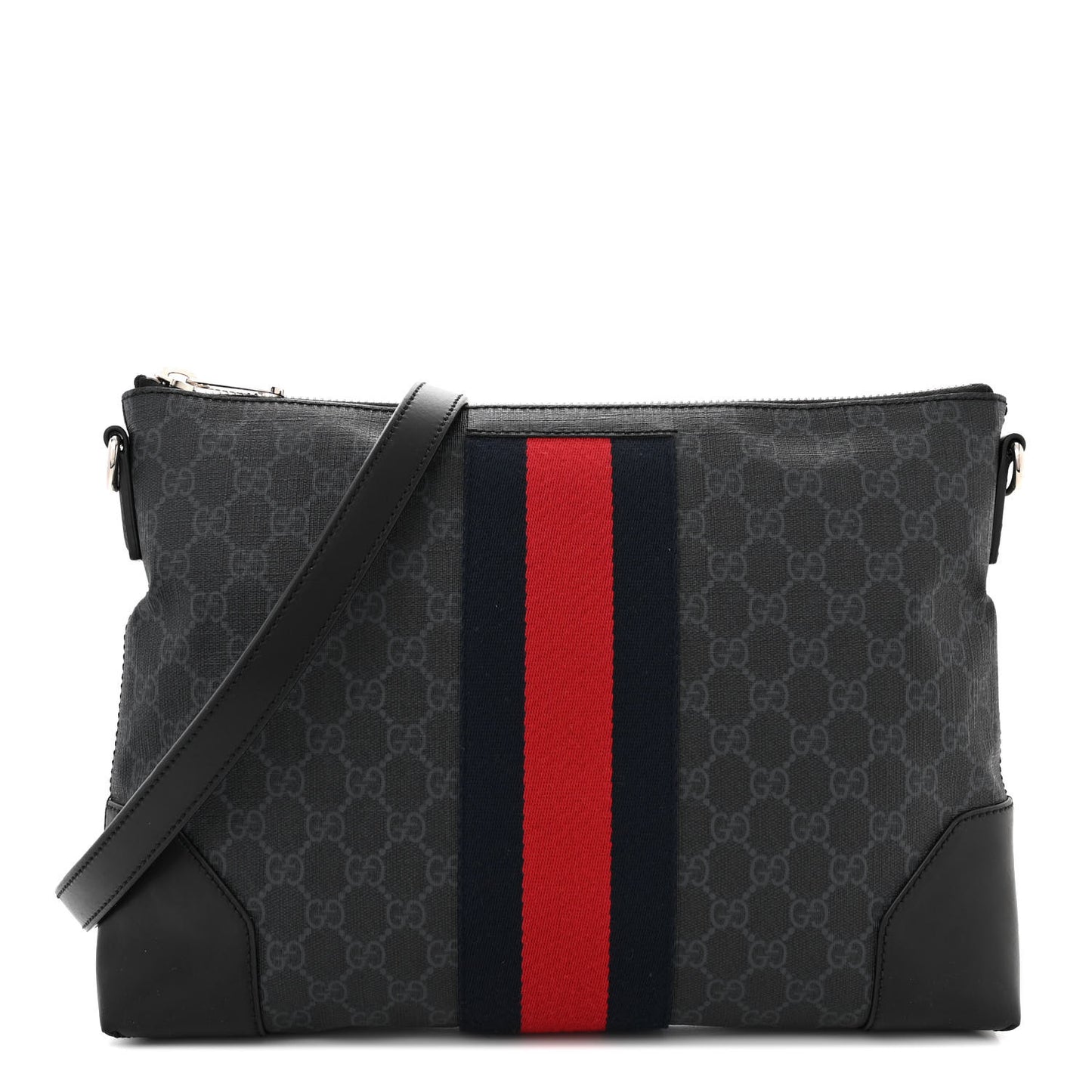 Soft GG Supreme Monogram Appia Calfskin Web East West Messenger Bag Black Grey