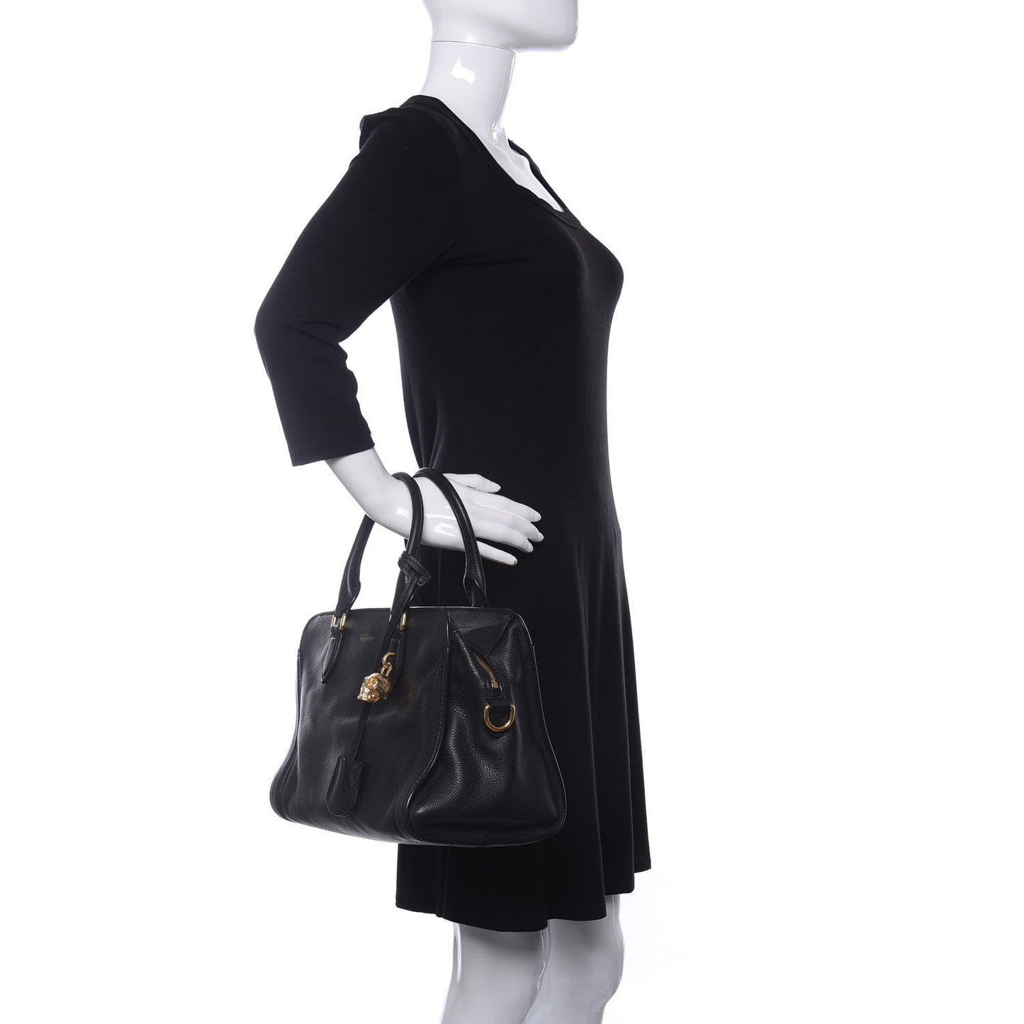 Pebbled Calfskin Small Skull Padlock Zip Around Tote Black