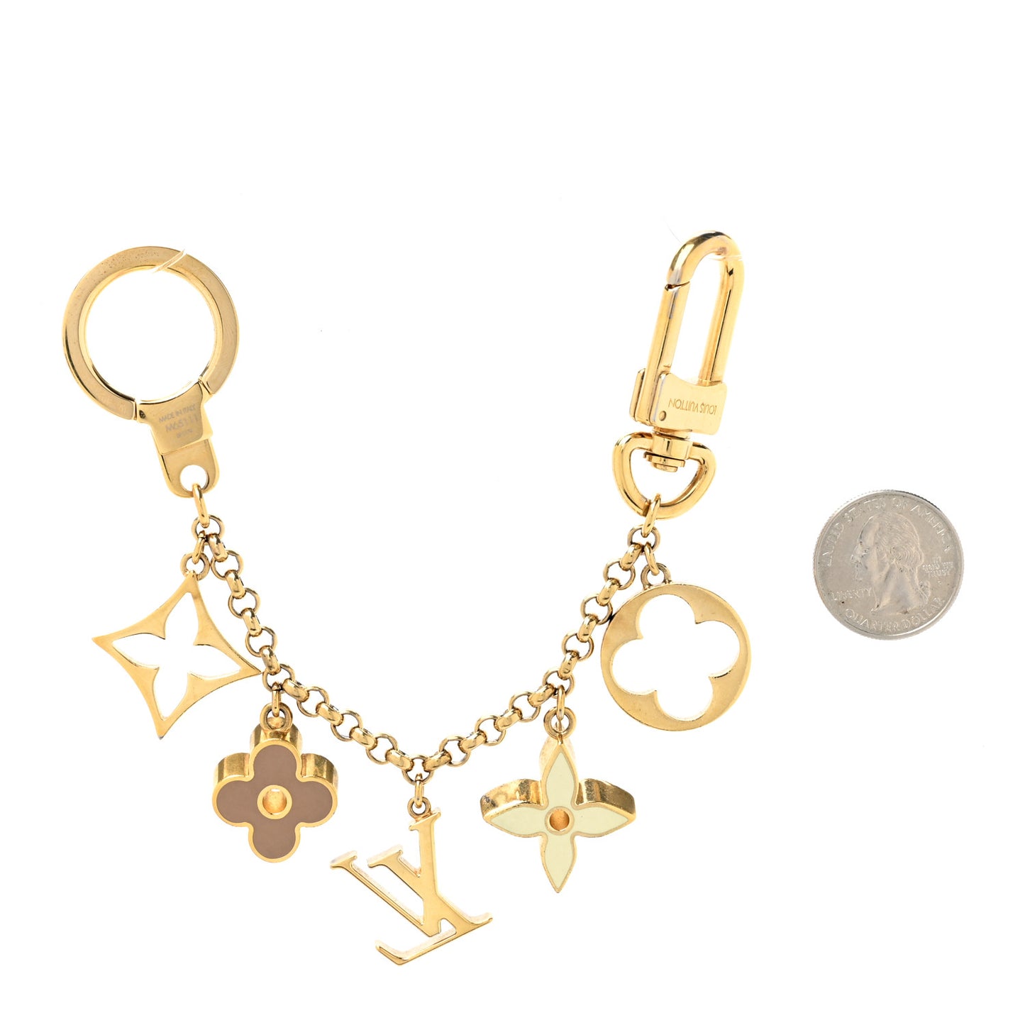 Brass Enamel Fleur De Monogram Bag Charm Chain Gold