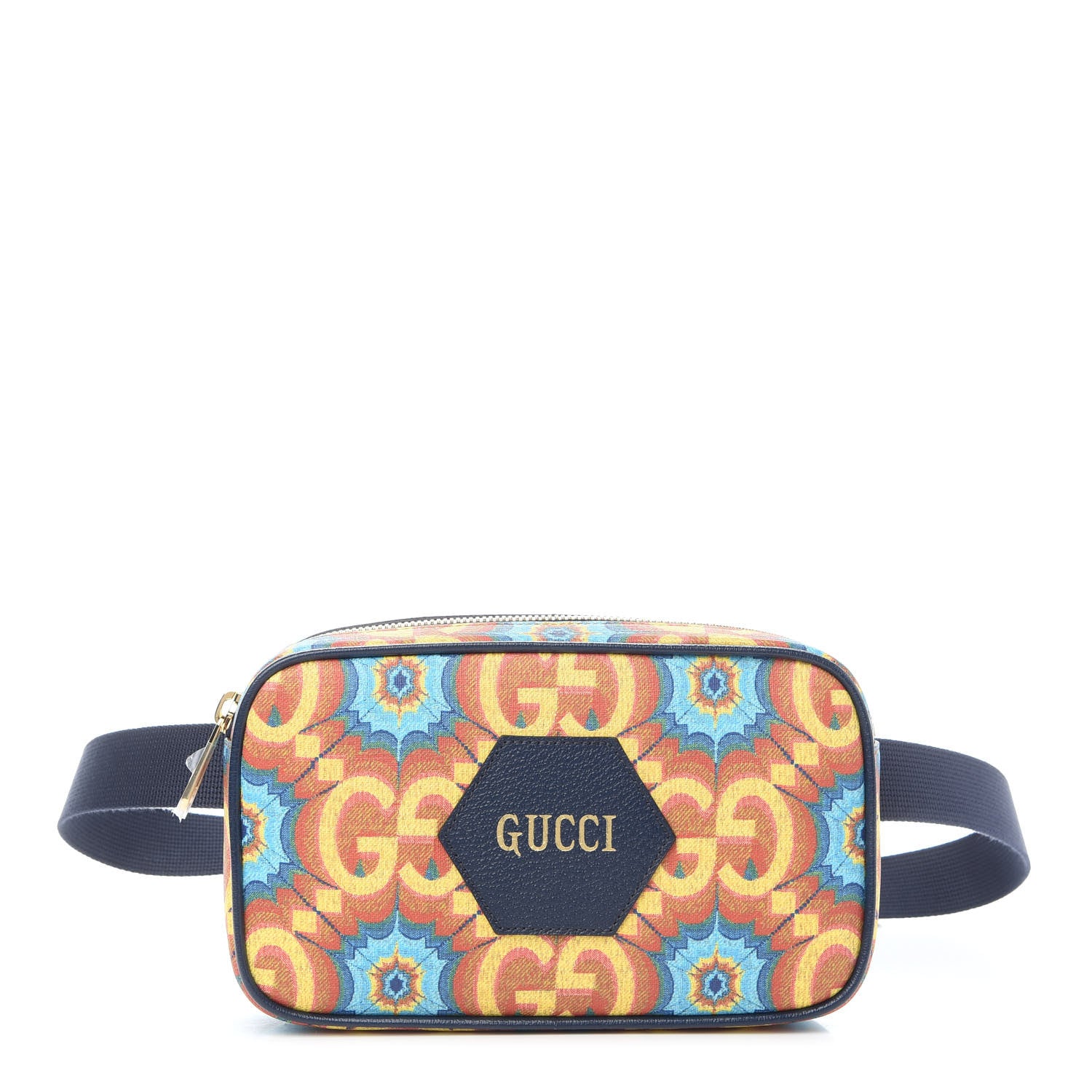 Gucci GG Supreme Kaleidoscope Calfskin Gucci 100 Script Logo Belt Bag 110 44 Blue Orange Multicolor Blue Agata 1 of 8