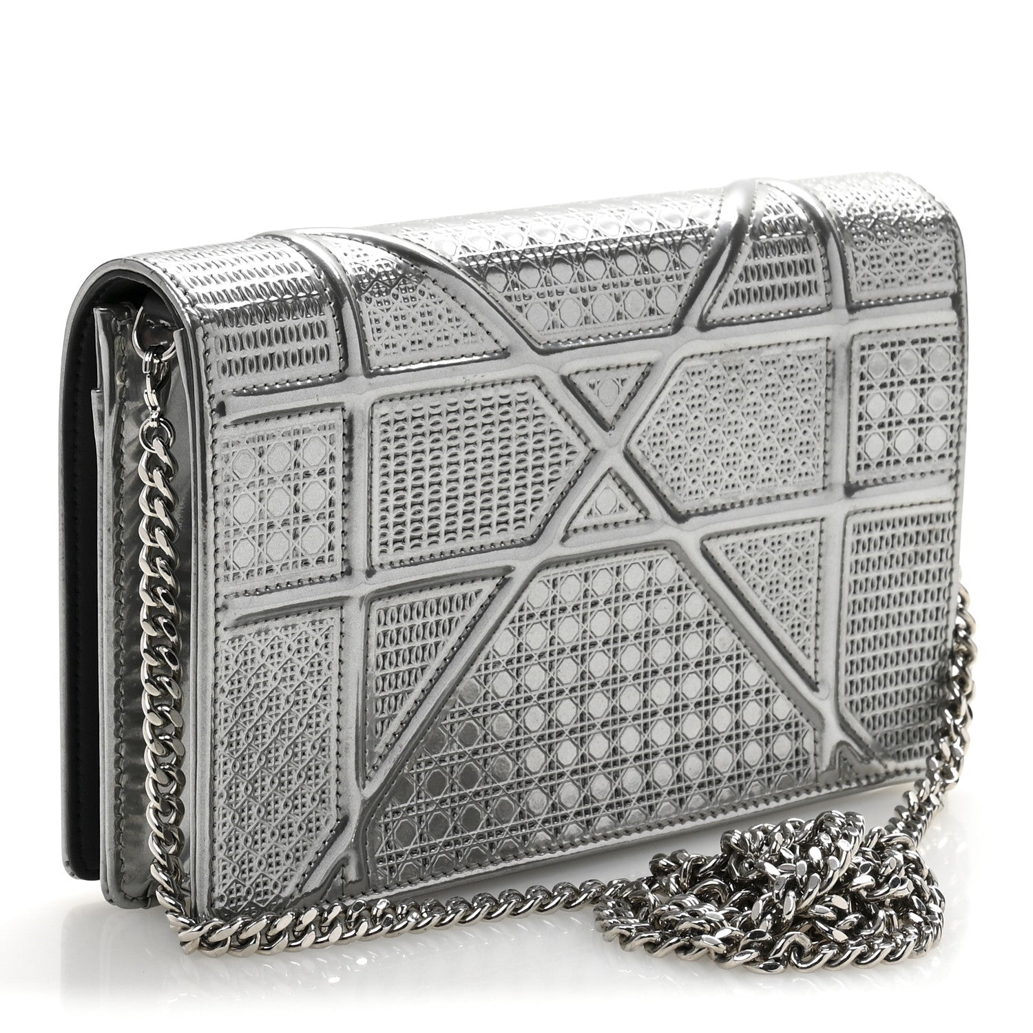 Christian Dior Metallic Patent Micro-Cannage Diorama Wallet on Chain Pouch Silver 3 of 15
