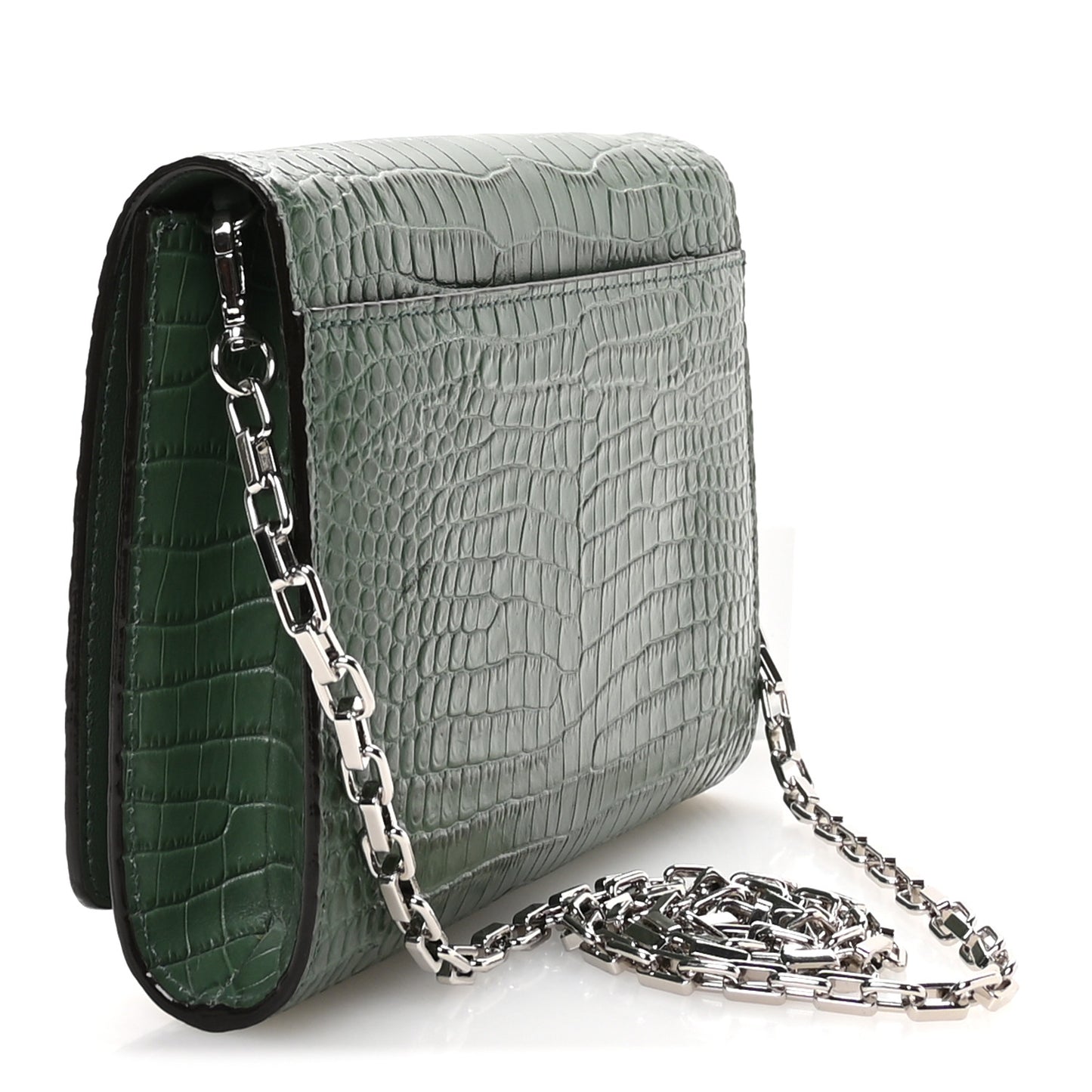 Calfskin Crocodile Embossed Varenne Chain Clutch Dark Green